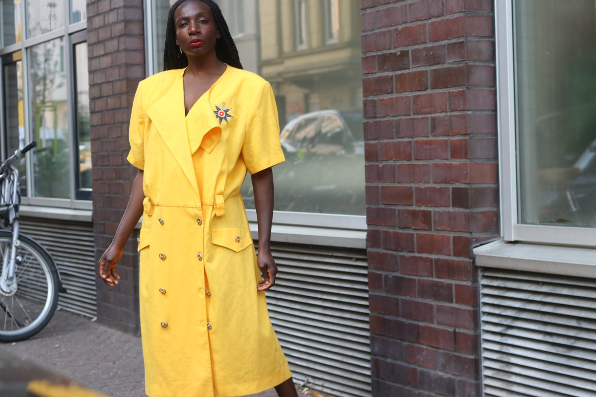 Vintage 80s Yellow Trench Dress | Short Sleeve Midi Shirtdress L to XL
