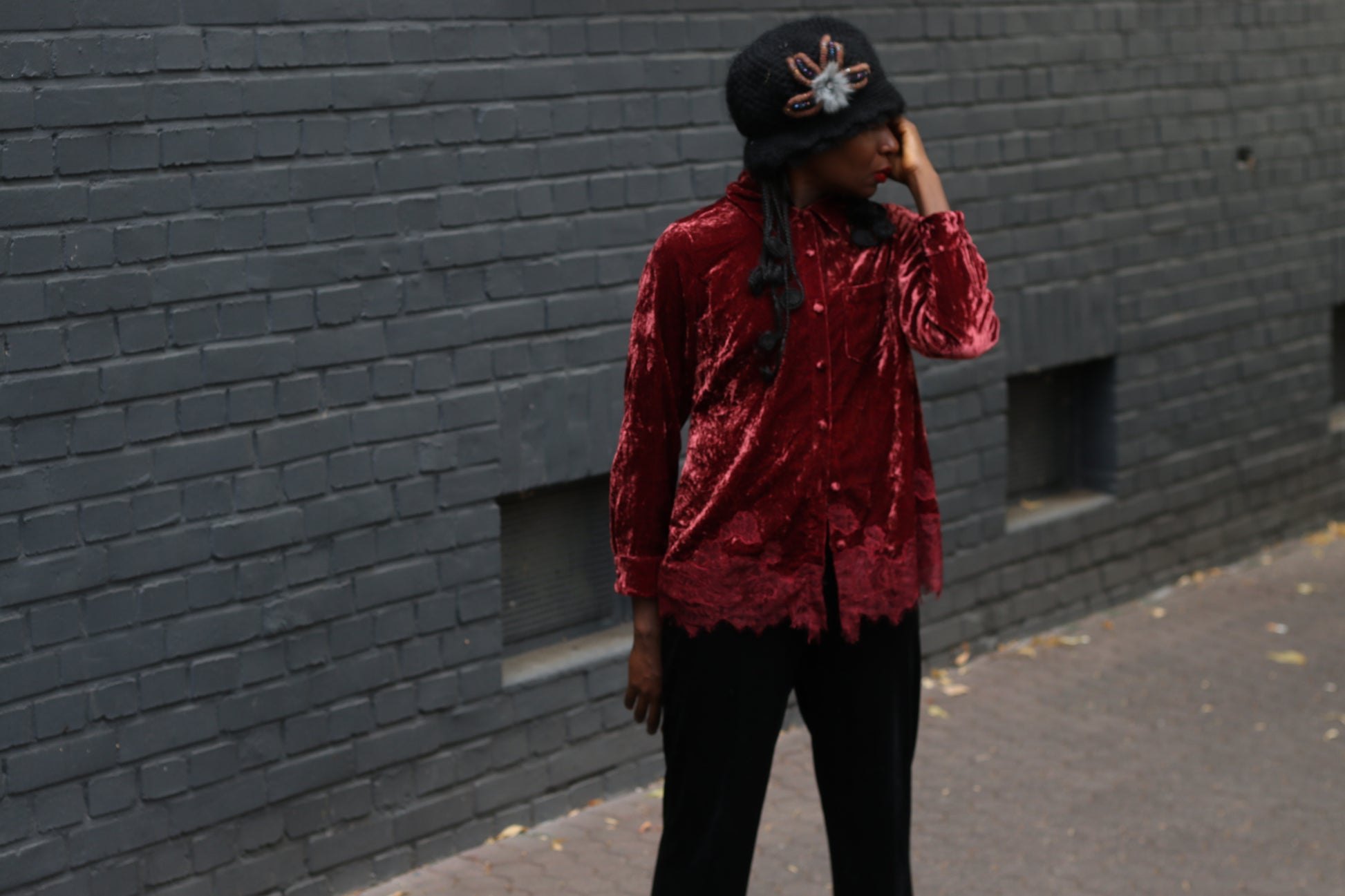  Vintage Gothic Red Velvet Top  | 90s Lace Hem Button Up S