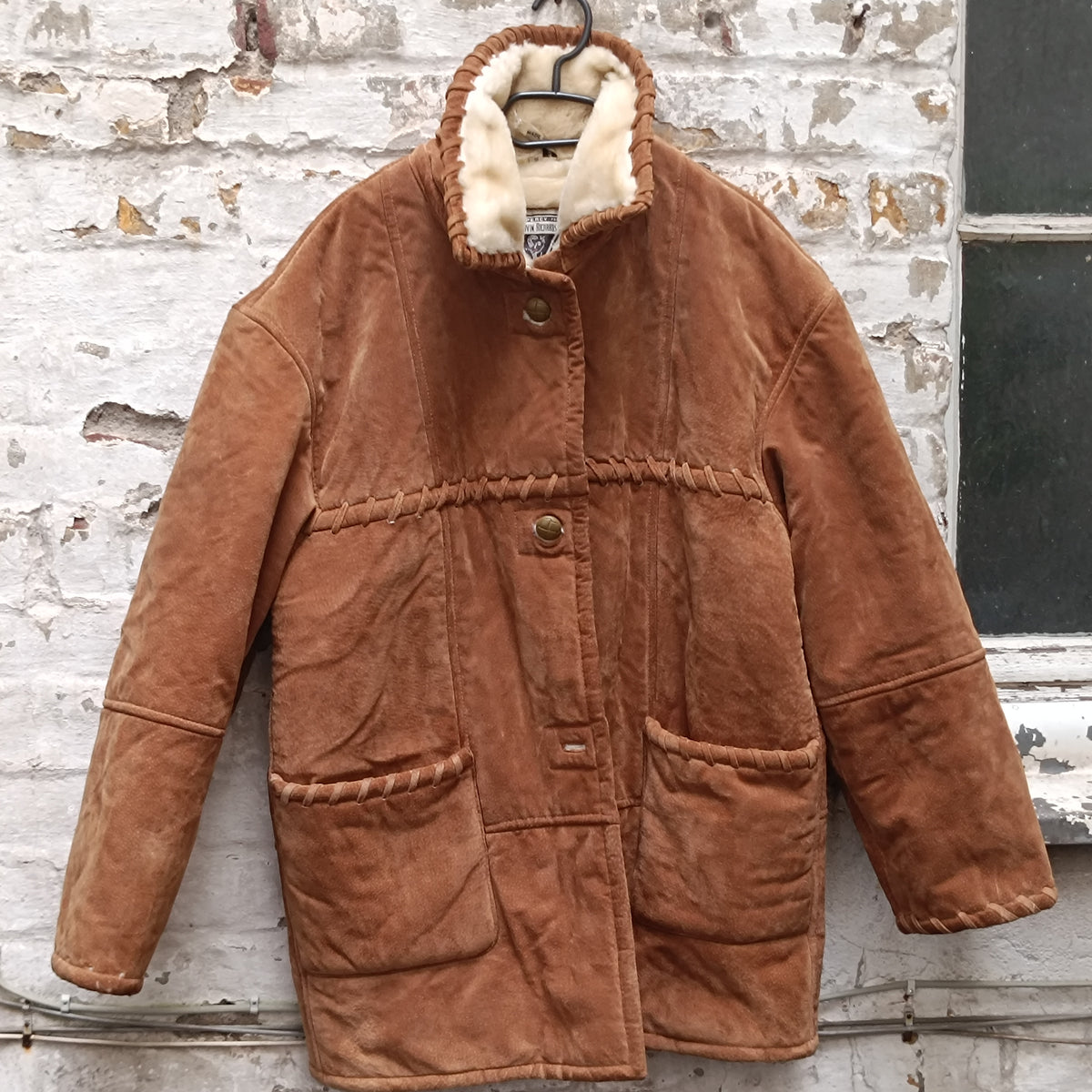 Vintage Wildleder Mantel Braun Lammfell-Optik Whipstitch Jacke Gr. M L 80s 90s