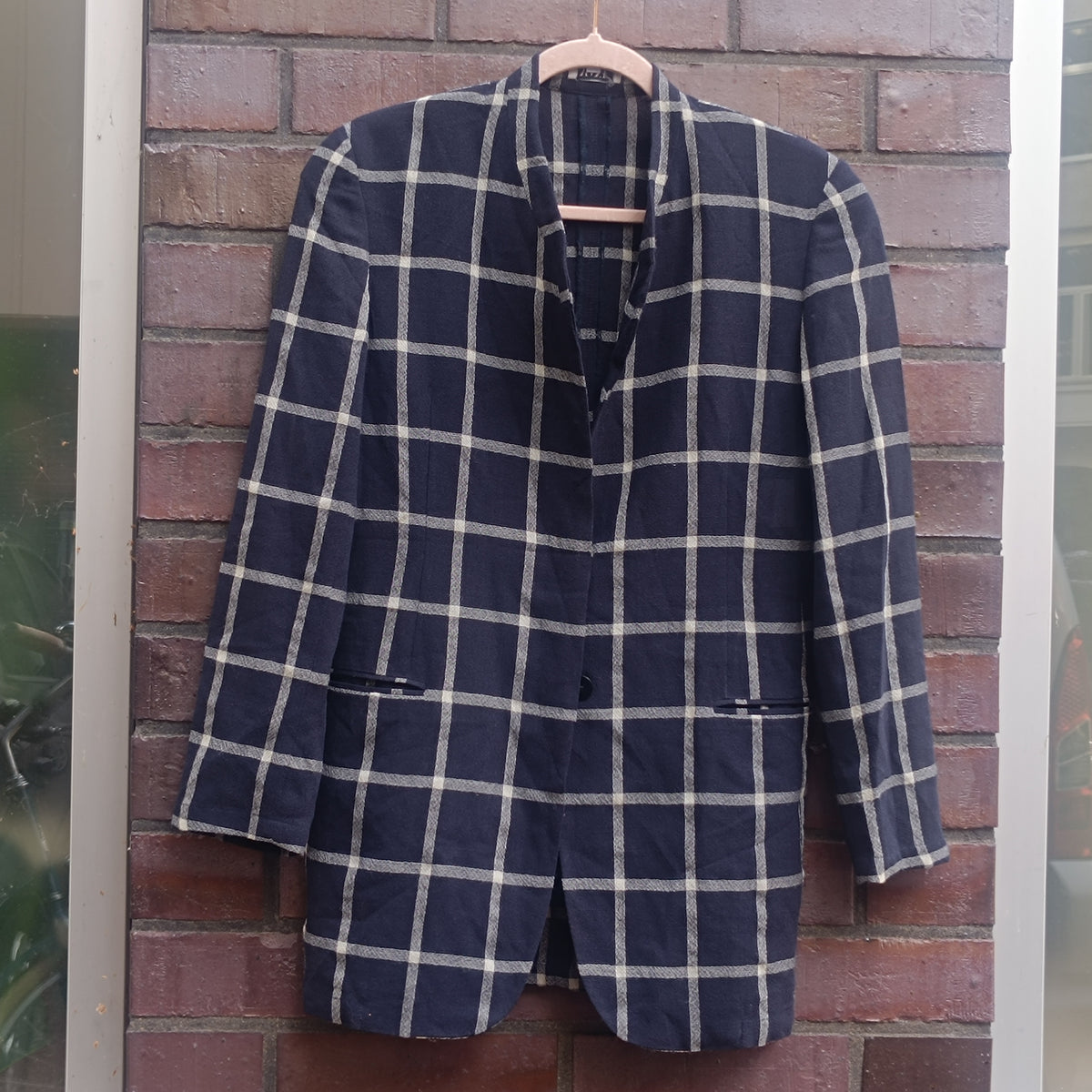 Vintage 80s Navy Plaid Blazer | Oversized Boxy Windowpane Jacket