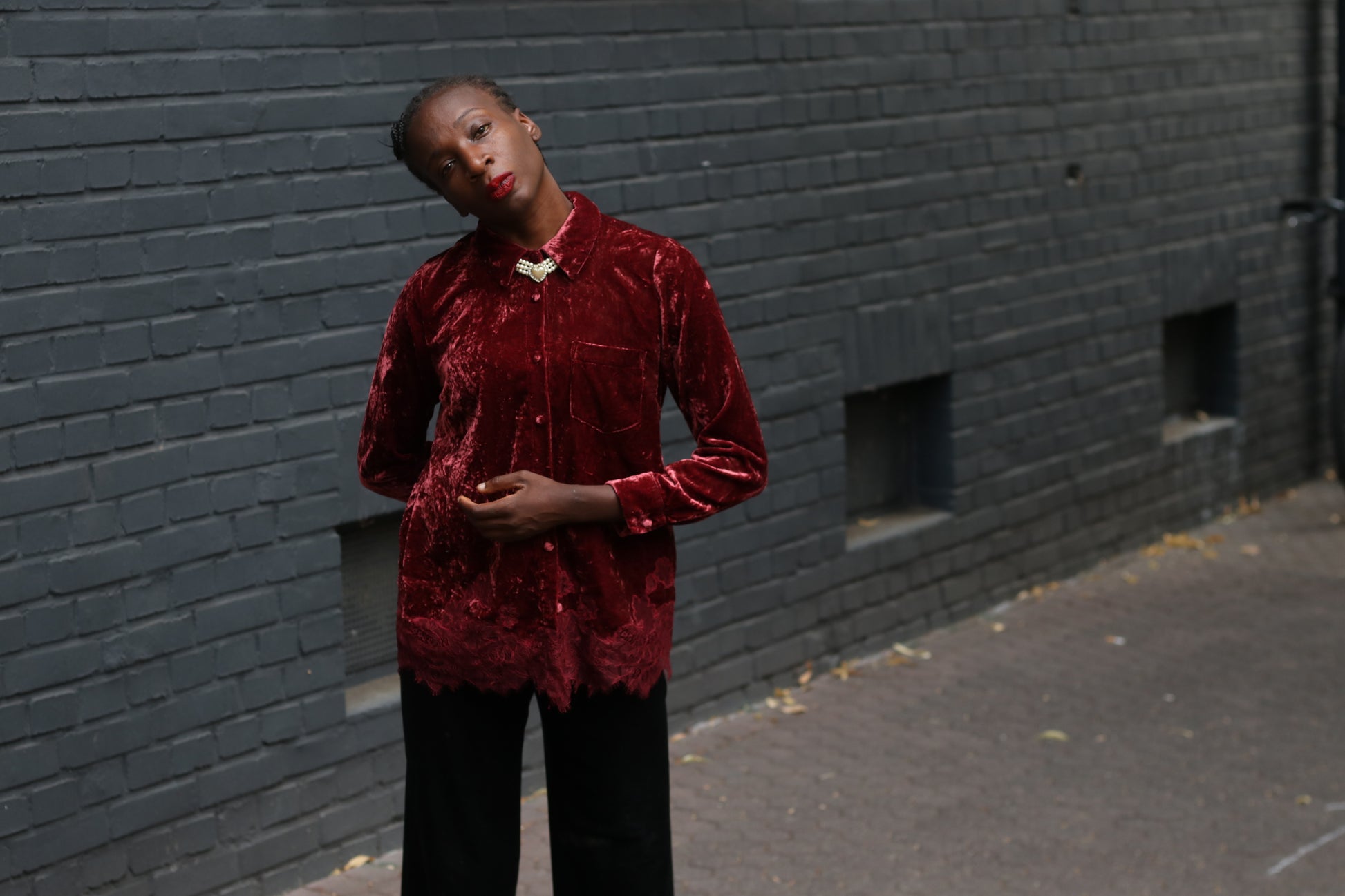  Vintage Gothic Red Velvet Top  | 90s Lace Hem Button Up S