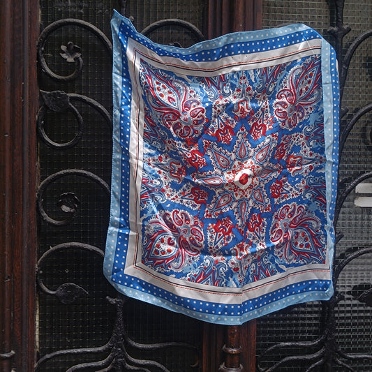 Blue Motion Vintage Silk Scarf Blue Paisley Polka Dot 1990s Square Neck Neckerchief