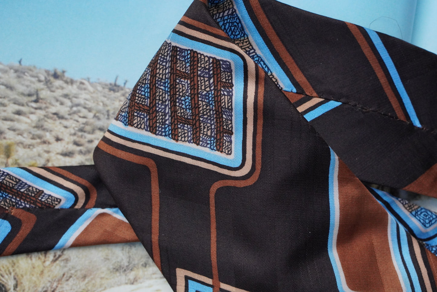 Le Schans Paris Vintage 1970s Silk Tie Geometric Abstract Brown Blue Retro Neckwear