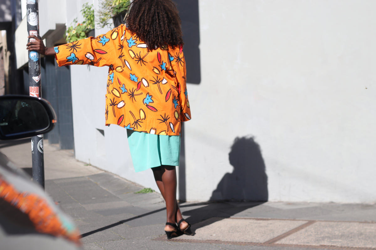 Vintage 80s Abstract Print Blazer | Orange Cotton Art Jacket M/L