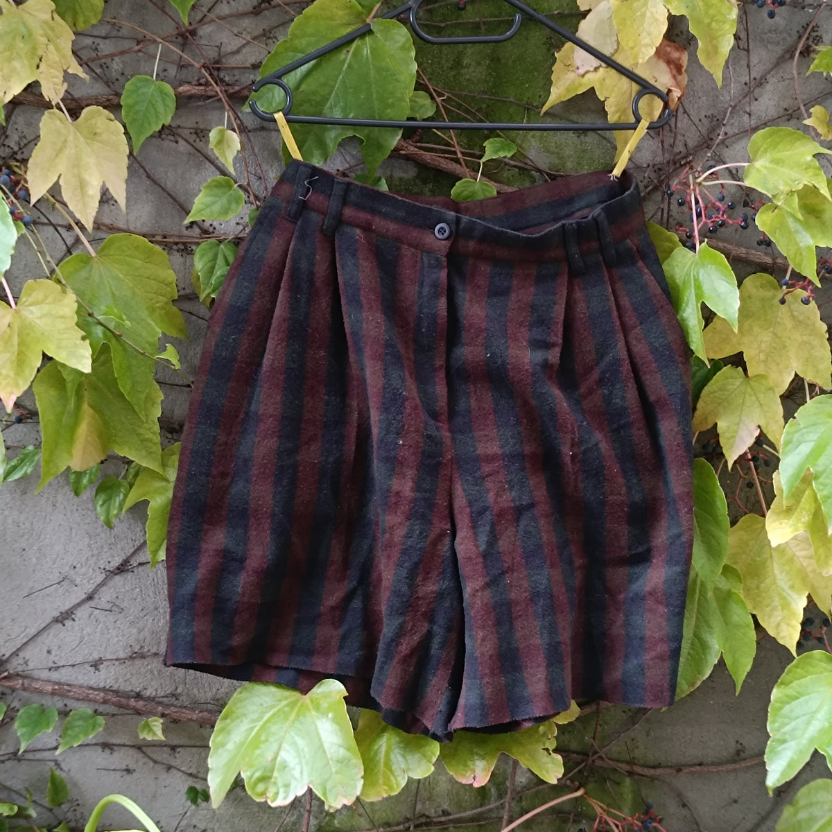 Wool Cashmere Shorts | Vintage 90s Striped Pleated Bermudas | Burgundy Dark Grey XS to S