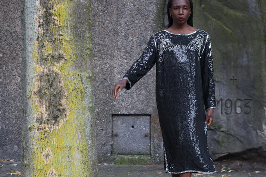  Vintage 1980s Silk Sequin Dress - Made in India Beaded Evening Midi