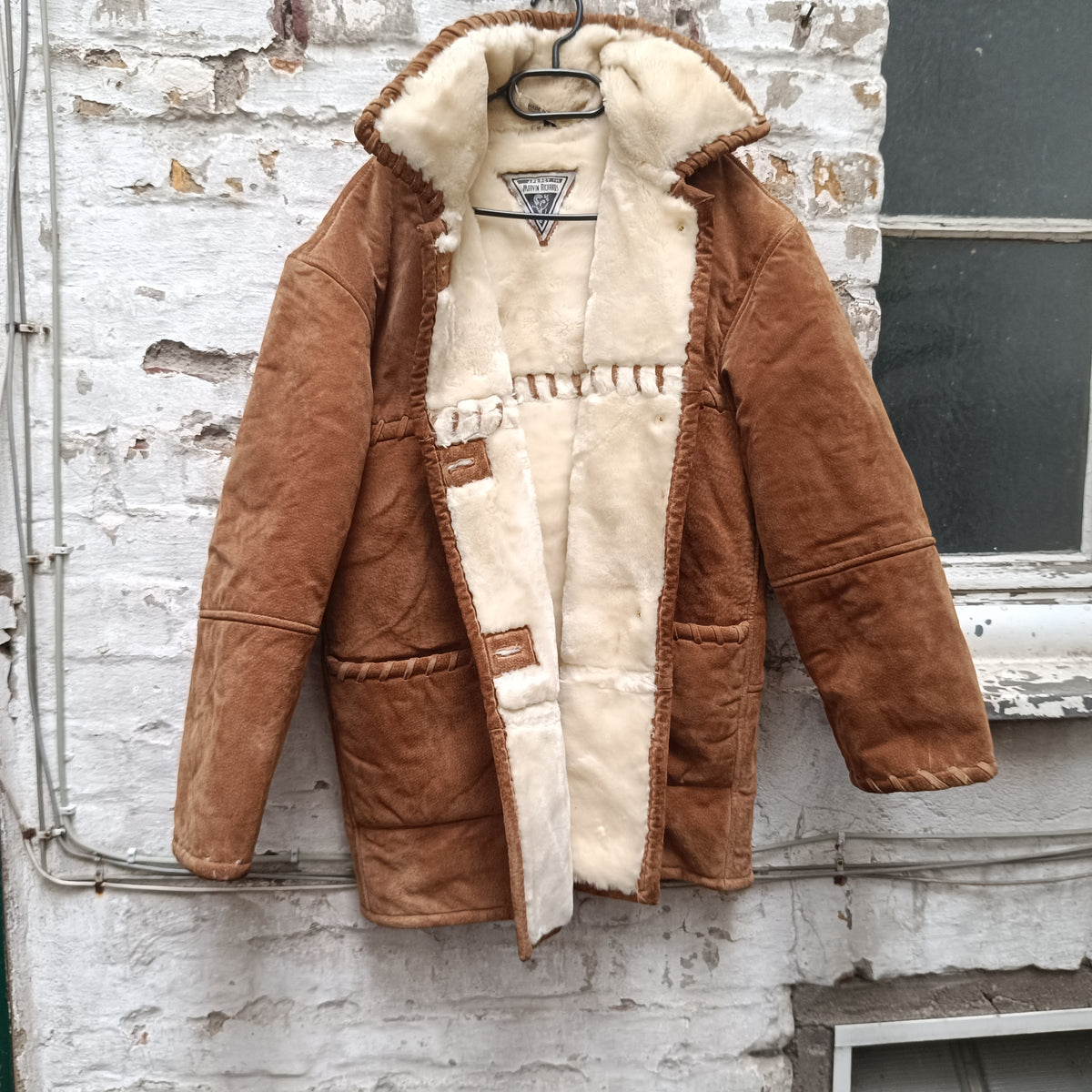 Vintage Wildleder Mantel Braun Lammfell-Optik Whipstitch Jacke Gr. M L 80s 90s