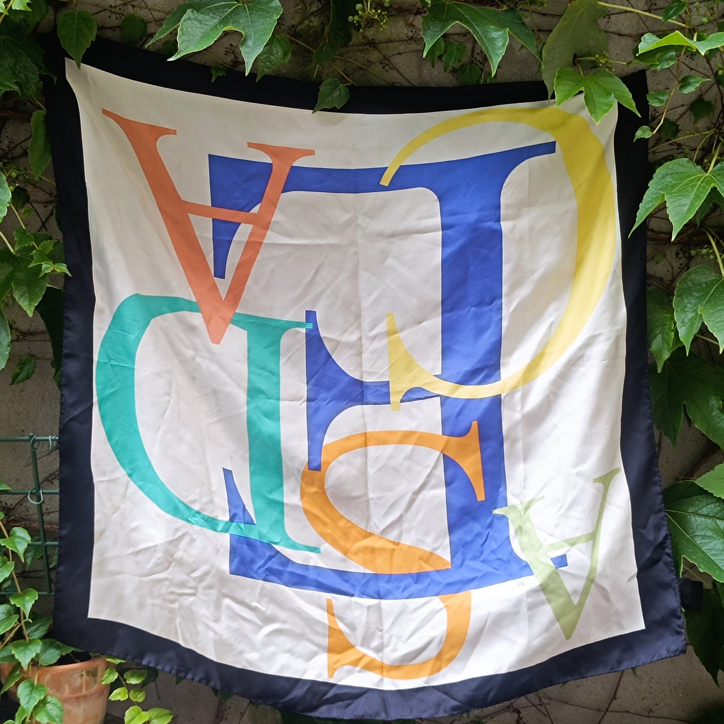 Vintage Escada Silk Scarf 80s Geometric Letter Print - Abstract Wrap
