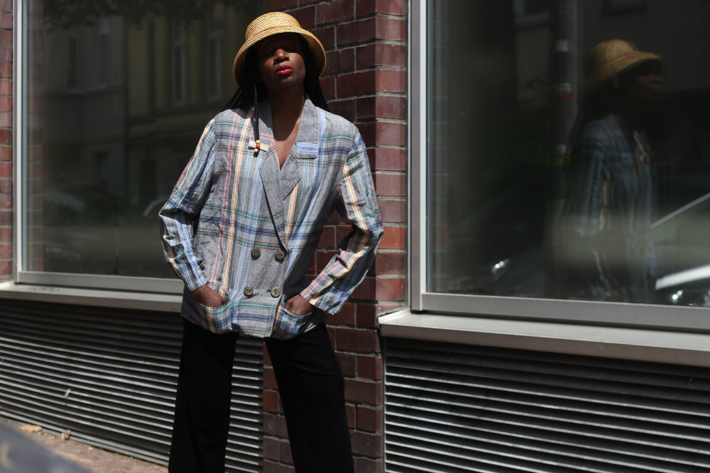Vintage 80s Plaid Blazer Gray Tartan Check Double Breasted Light Summer Jacket