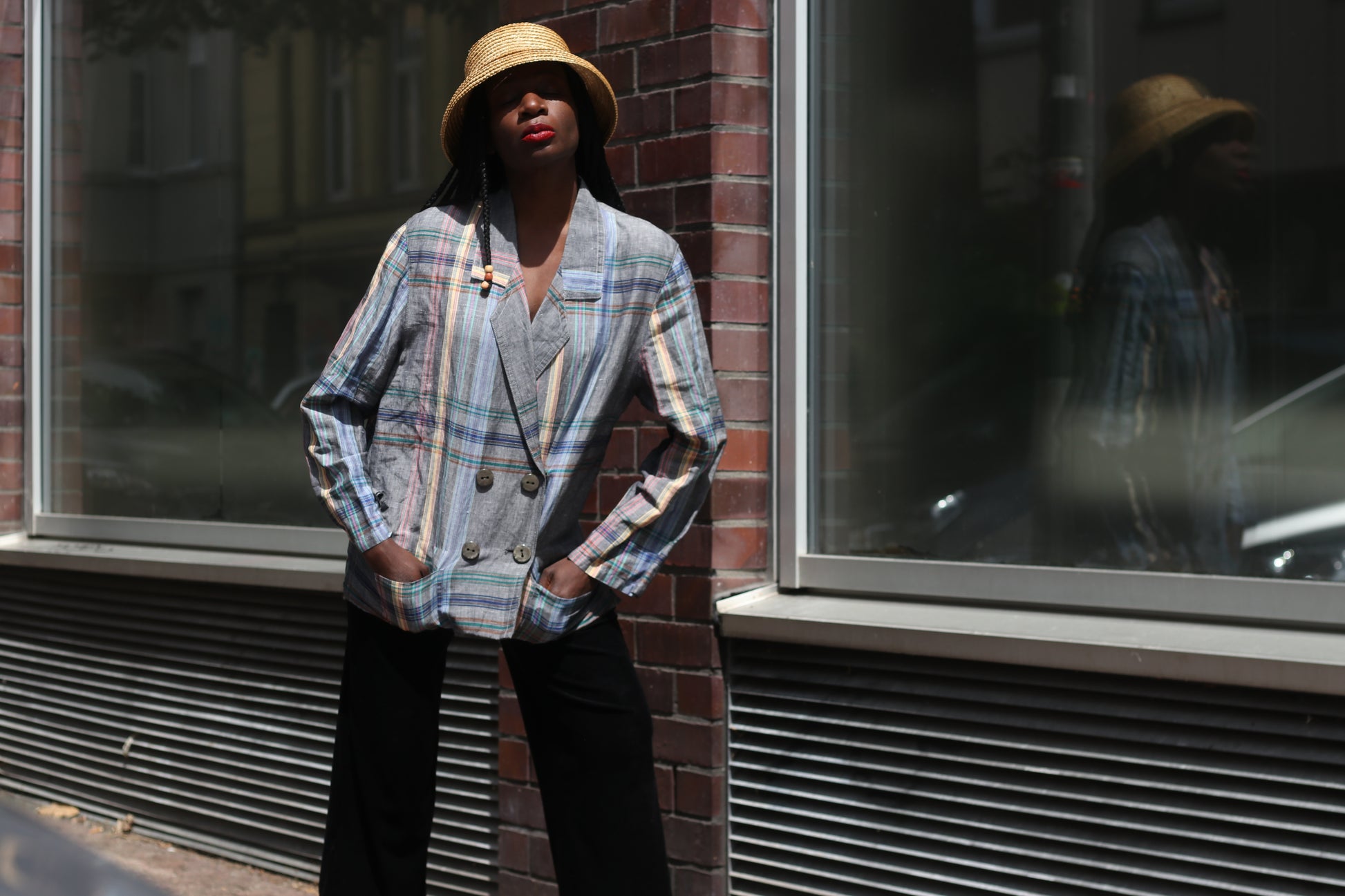 Vintage 80s Plaid Blazer Gray Tartan Check Double Breasted Light Summer Jacket