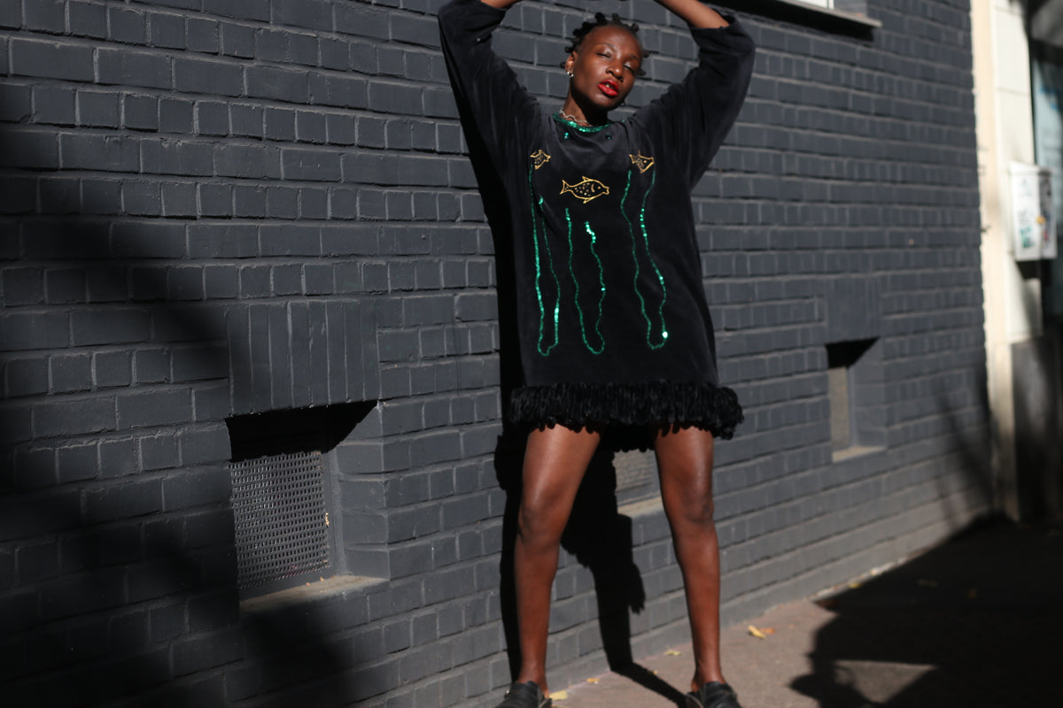 Vintage Velvet Tunic Dress - 90s Black Sequin Fish Mini Dress - L