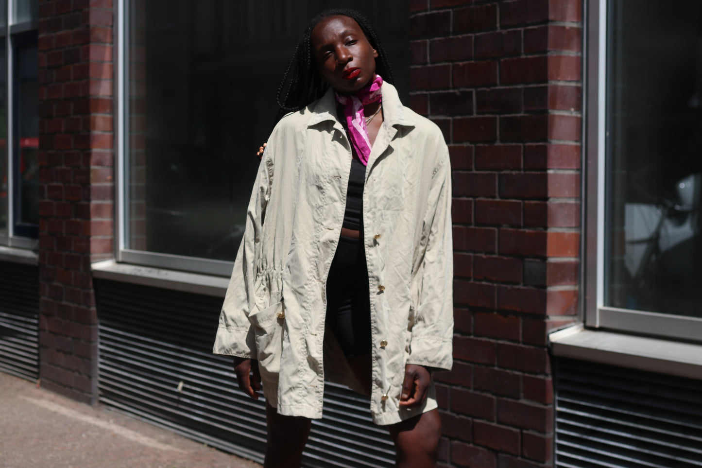 Krizia Vintage 80s Beige Trench Coat Drawstring Lightweight Parka Jacket