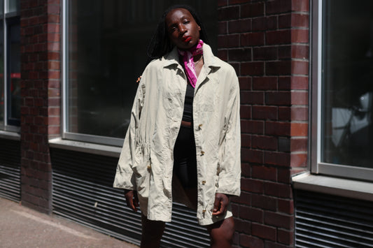 Krizia Vintage 80s Beige Trench Coat Drawstring Lightweight Parka Jacket