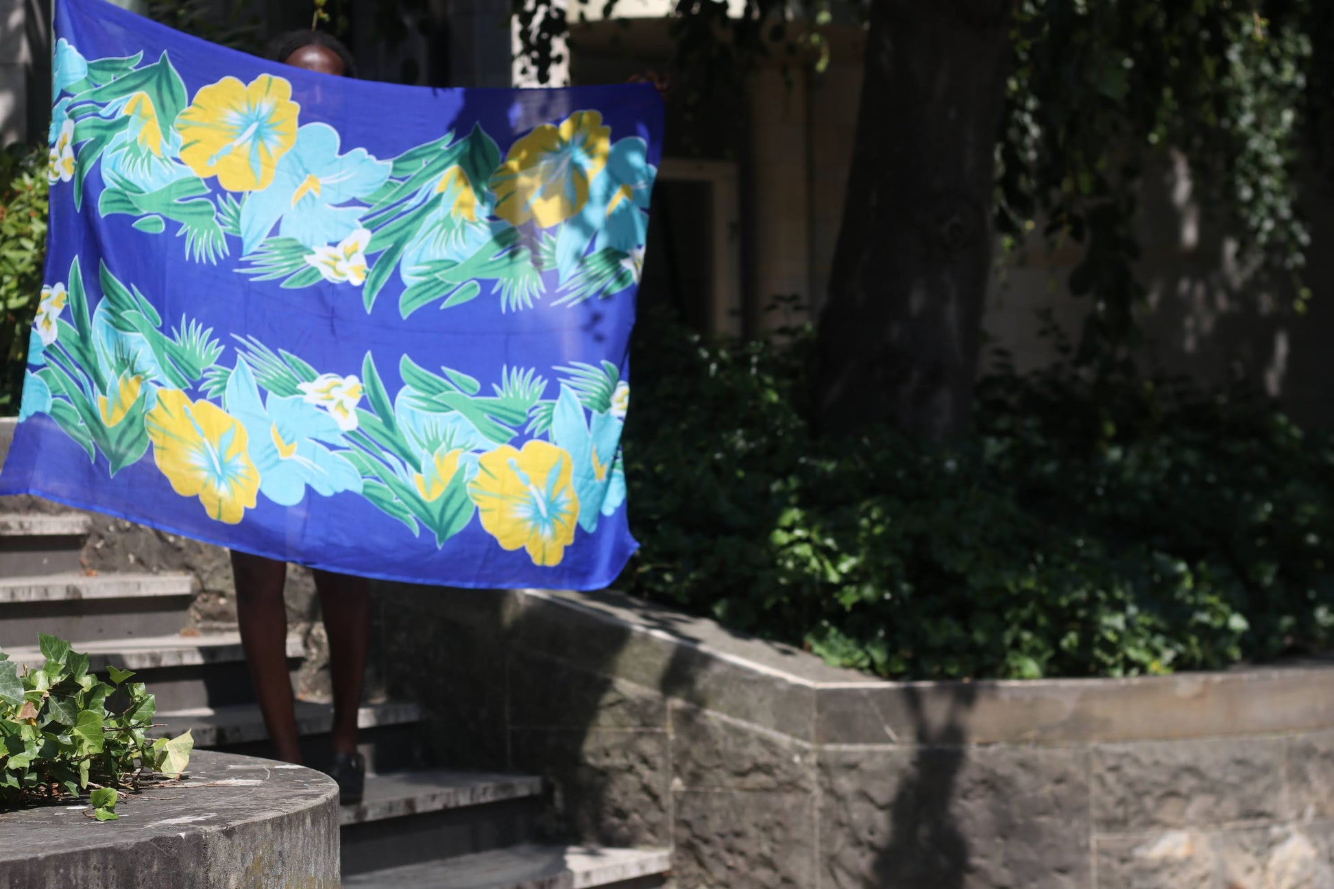 Vintage 1990s Tropical Floral Scarf - Blue Hibiscus Sarong Wrap