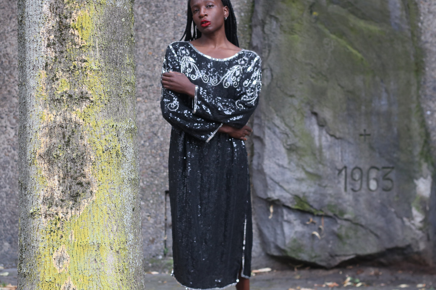  Vintage 1980s Silk Sequin Dress - Made in India Beaded Evening Midi
