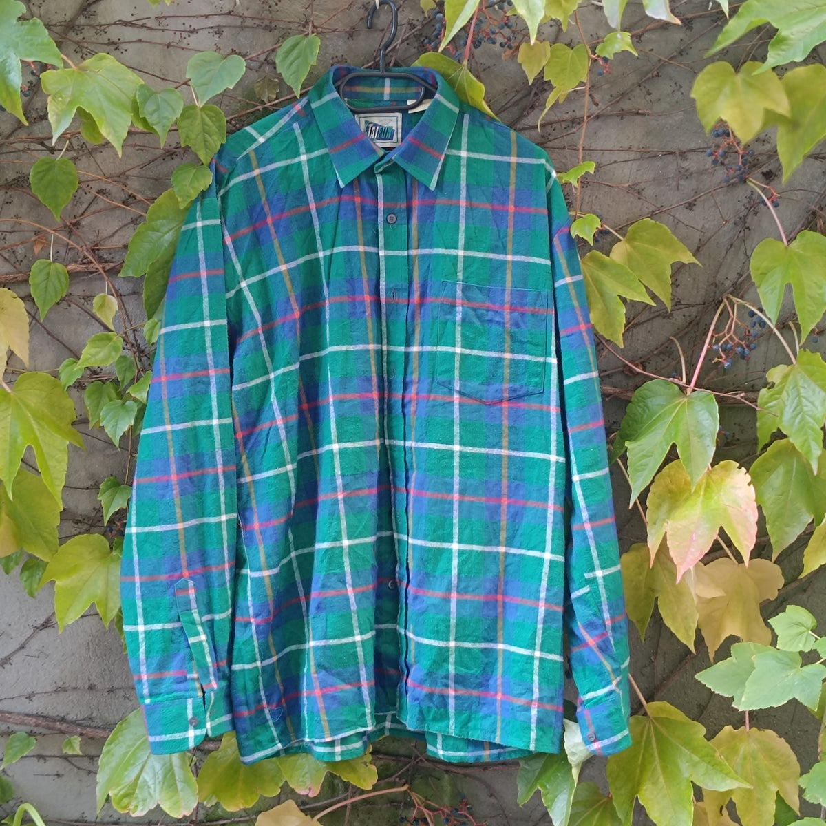 Vintage Plaid Shirt | 90s Green Blue Cotton Button Down | L