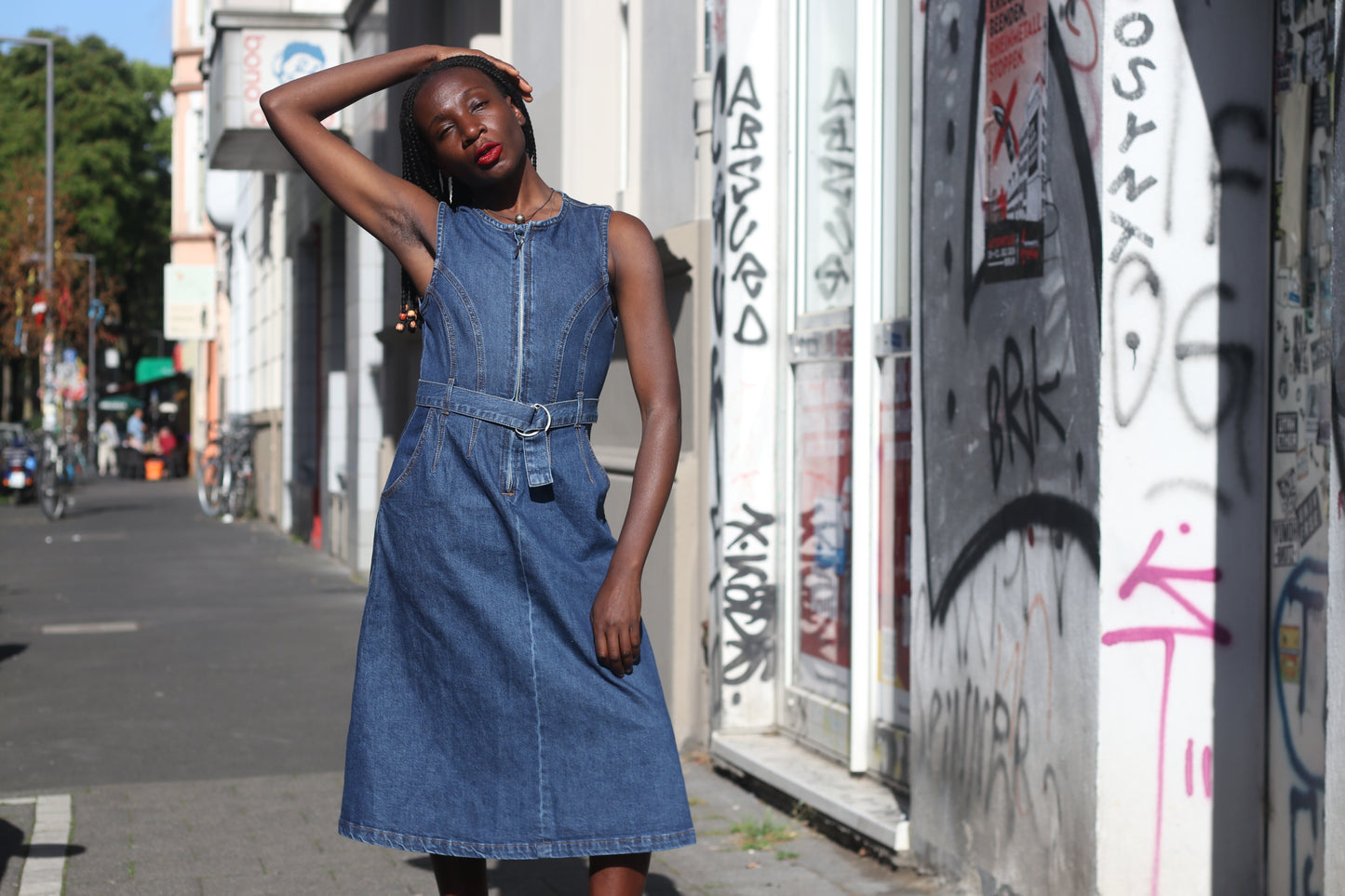 Zign Studio Organic Denim Midi Dress - Sleeveless Belted Jean Dress Blue S