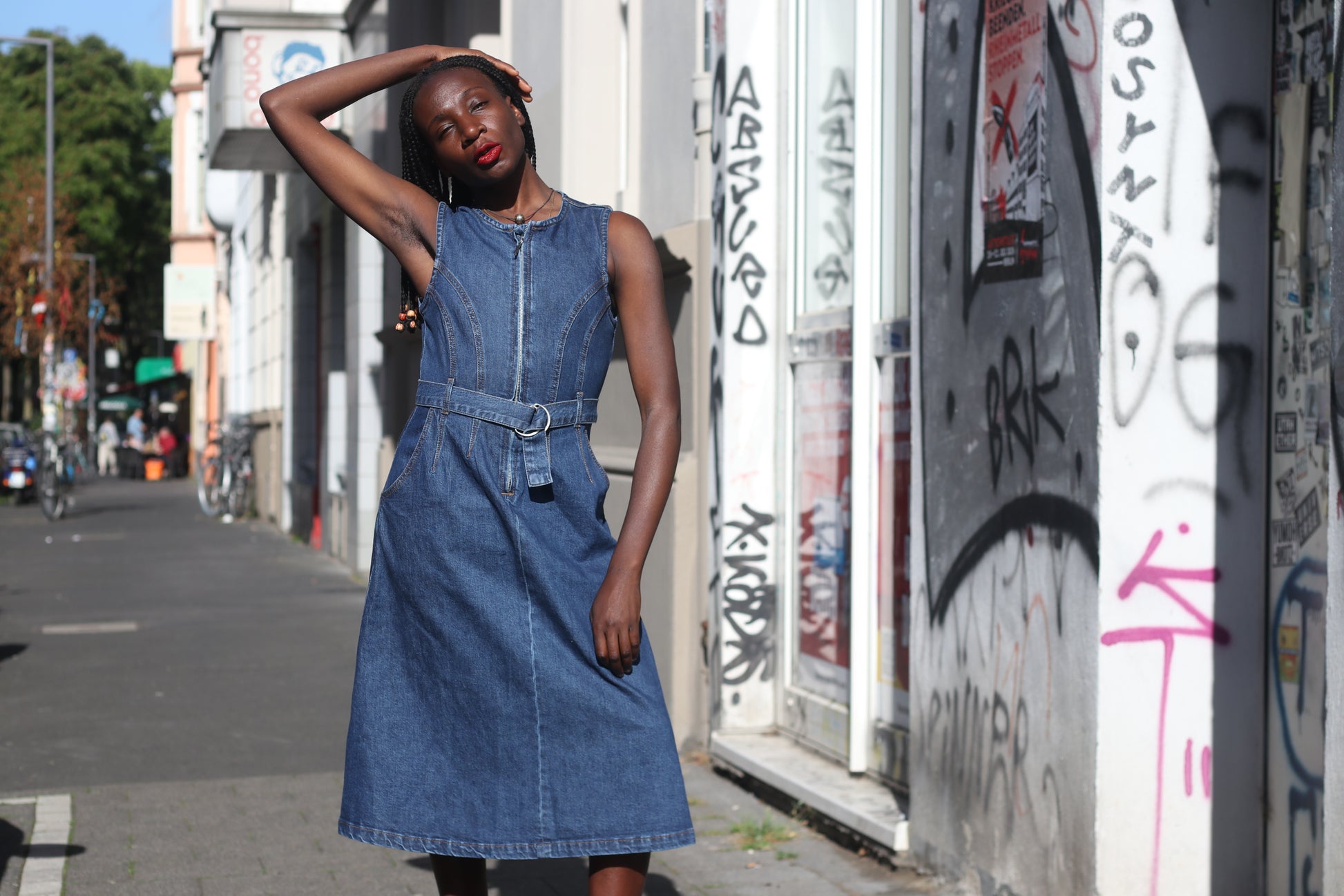 Zign Studio Organic Denim Midi Dress - Sleeveless Belted Jean Dress Blue S