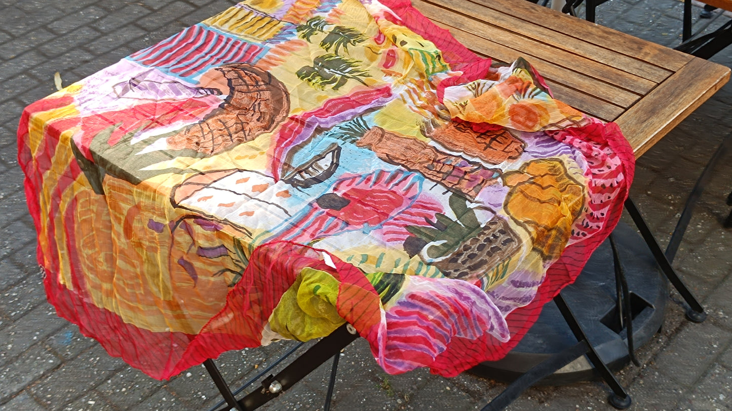 Vintage 90s Abstract Art Scarf - M Logo Tropical Print Shawl