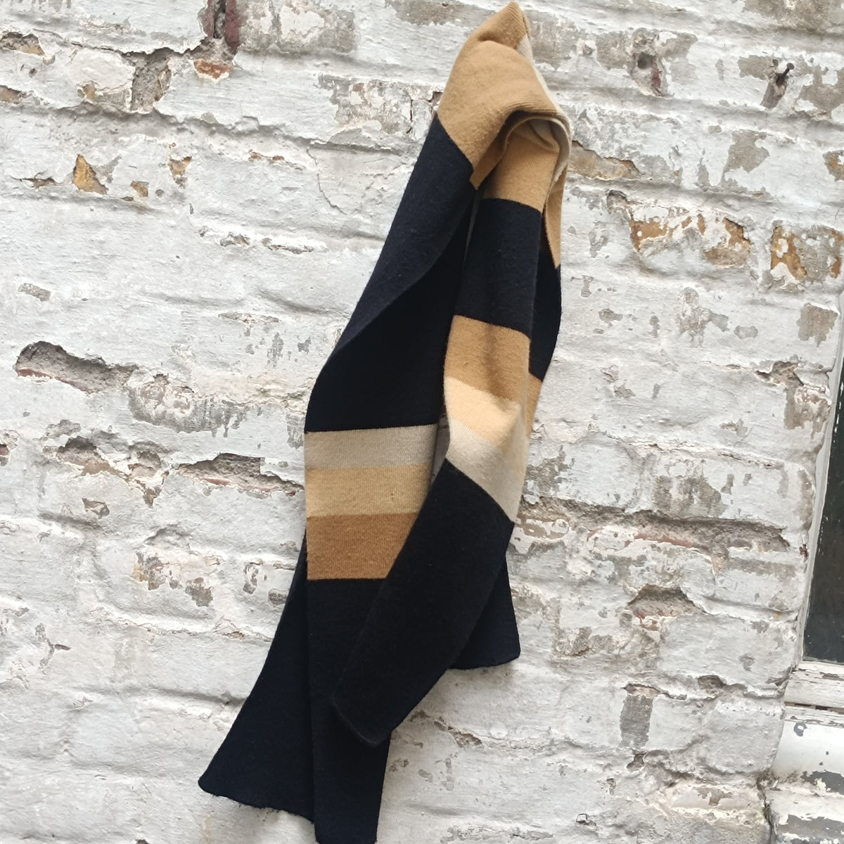 Knit Scarf - Vintage 90s Block Stripe Winter Wrap - Black Beige