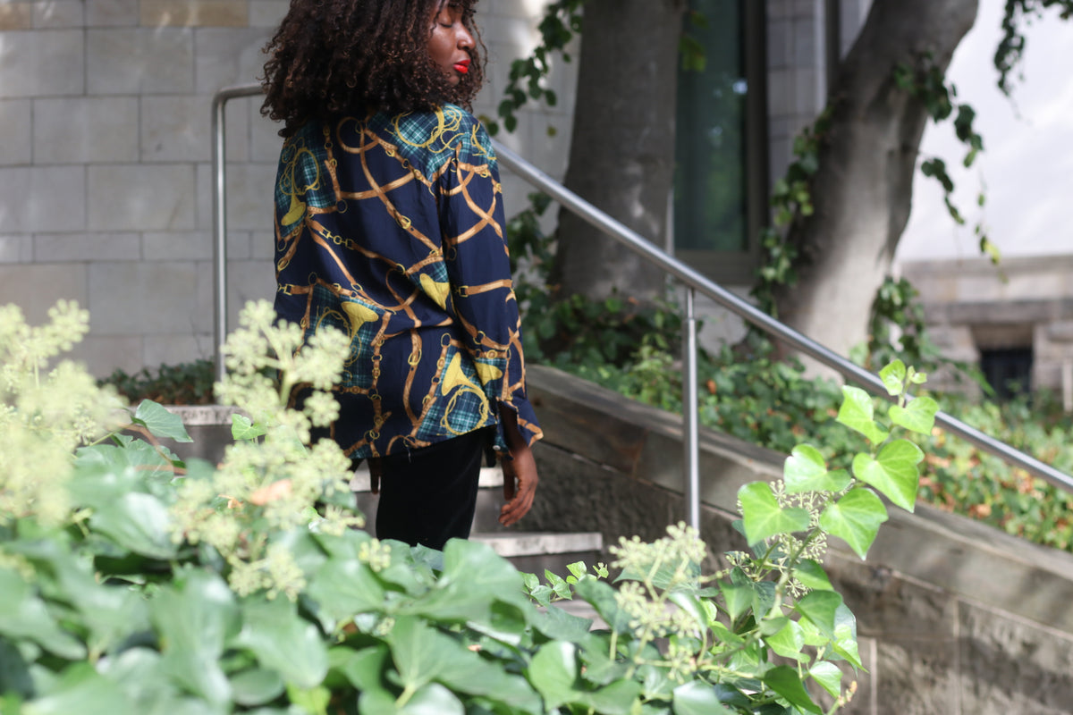 90s equestrian print button down shirt, resort style navy blue blouse, size M