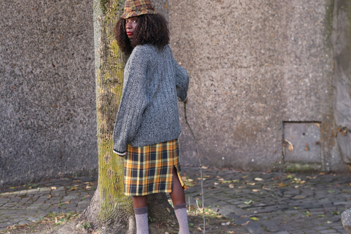 Plaid Pencil Skirt - Vintage 90s Tartan Yellow Navy S/M