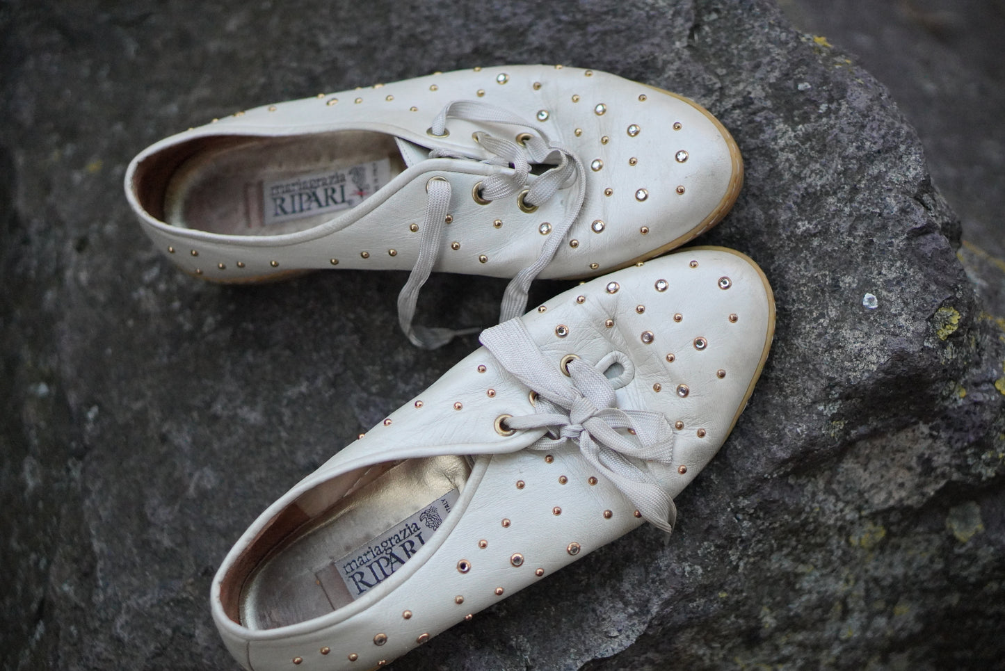 Mariagrazia Ripari Vintage Shoes 80s White Leather Studded Rhinestone Sneakers