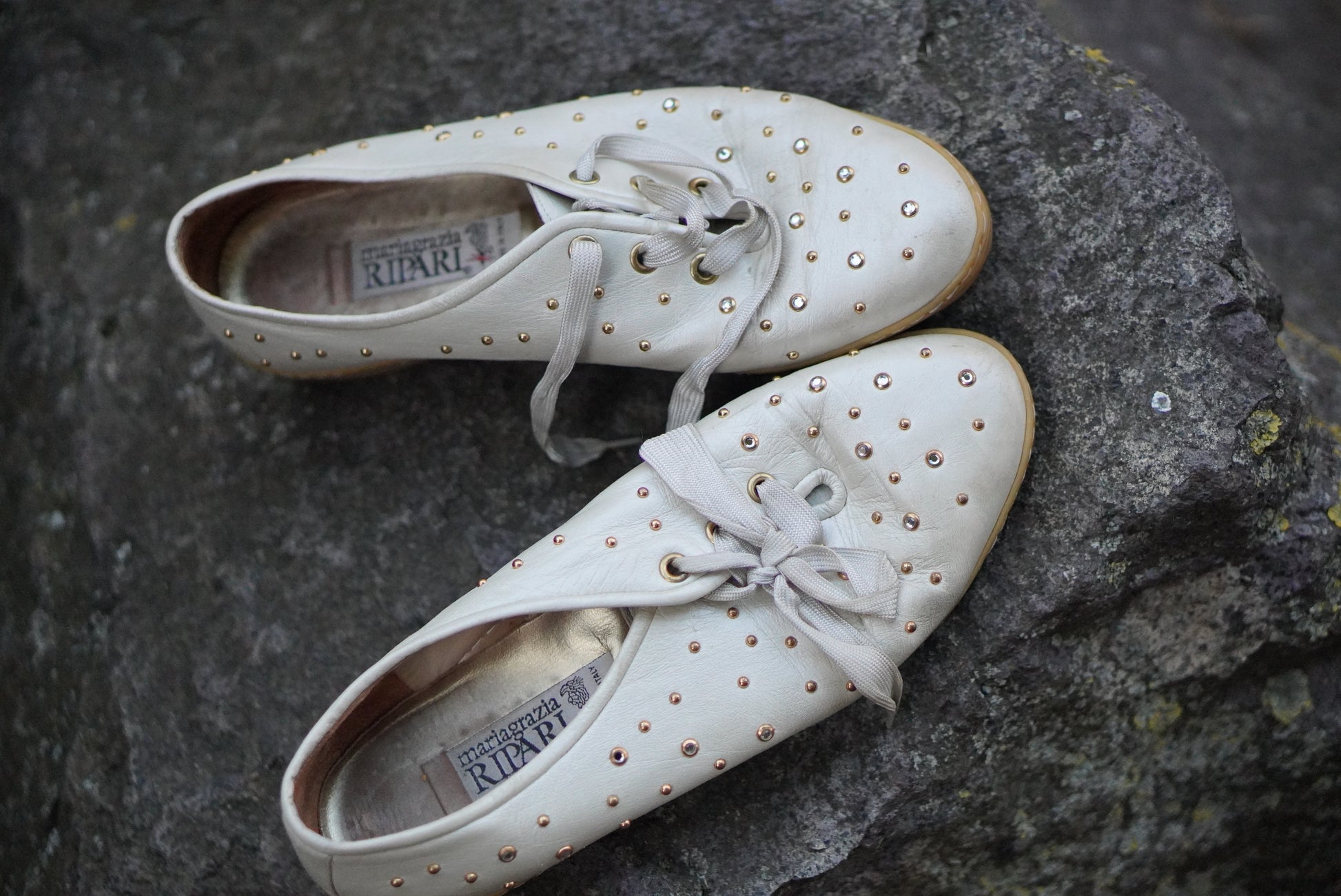 Mariagrazia Ripari Vintage Shoes 80s White Leather Studded Rhinestone Sneakers