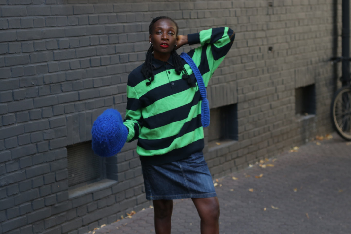 Vintage Bogner Stripe Jumper | Navy & Lime Green Cotton Knit | Fits M