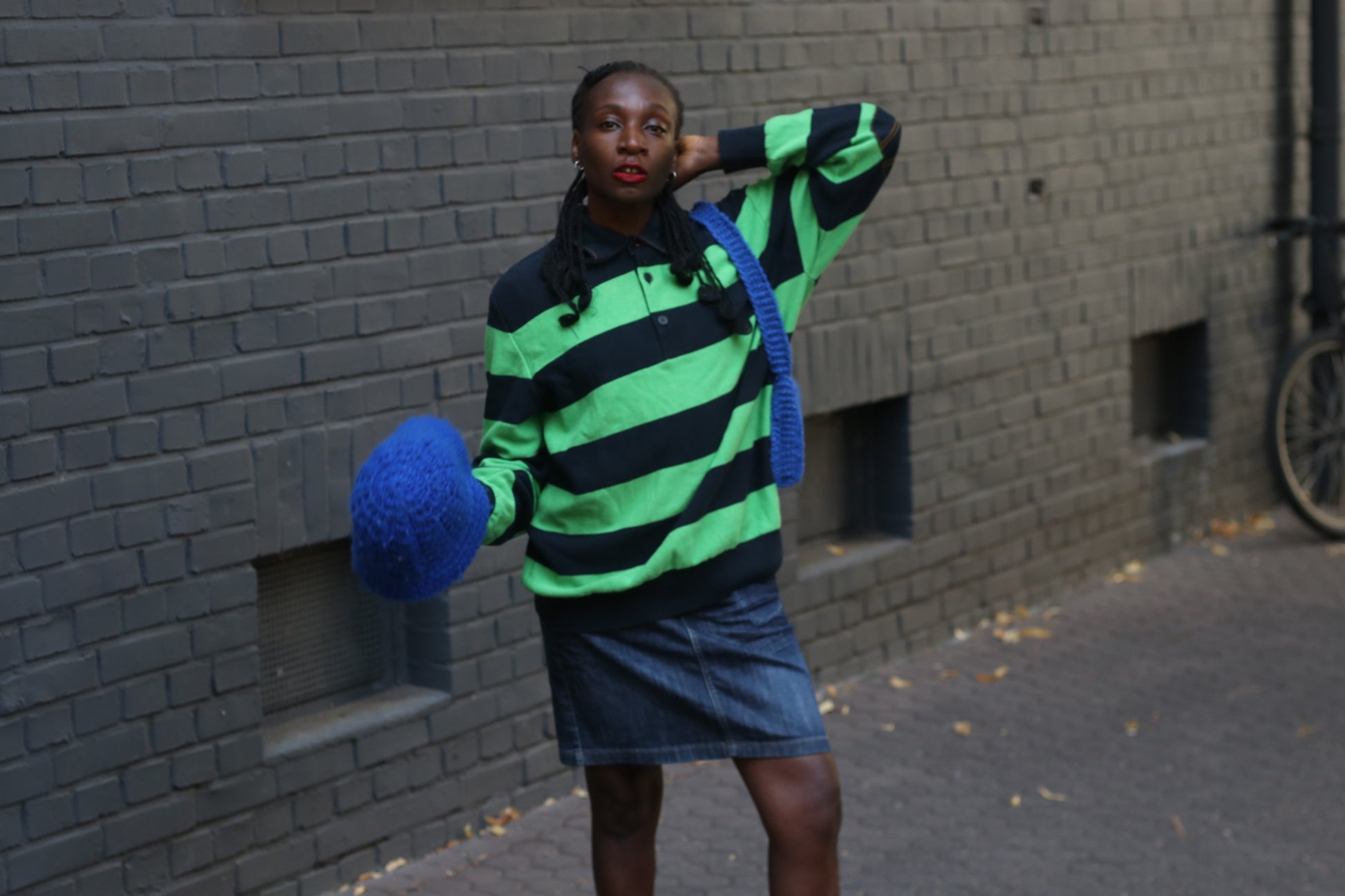 Vintage Bogner Stripe Jumper | Navy & Lime Green Cotton Knit | Fits M