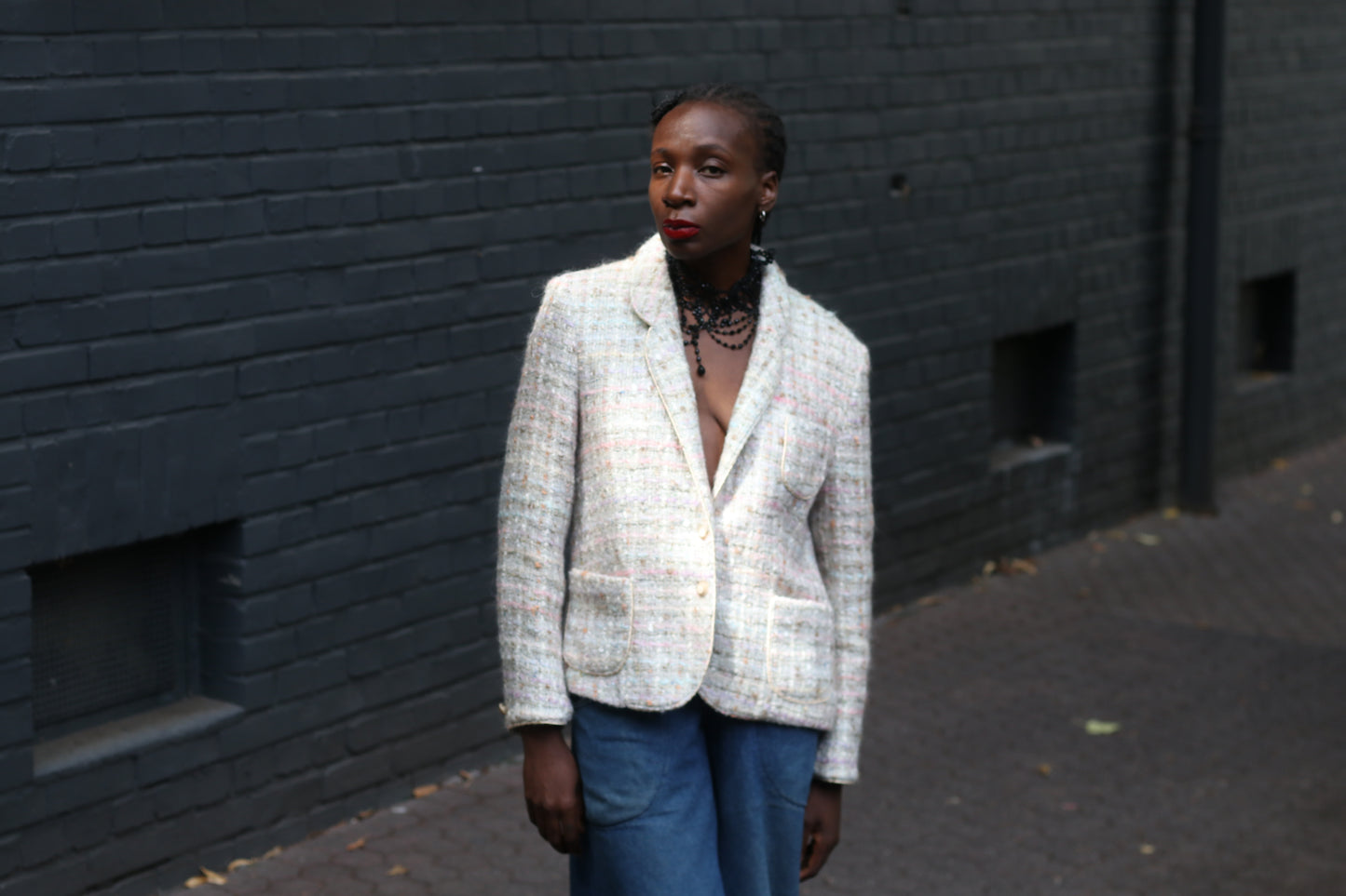 90s Tweed Blazer - Vintage Cream  Création Avance Wool Blend Jacket - M/L