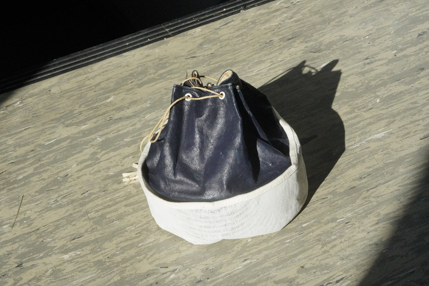 Vintage 70s Navy Leather Bucket Bag | Canvas Base Drawstring Pouch