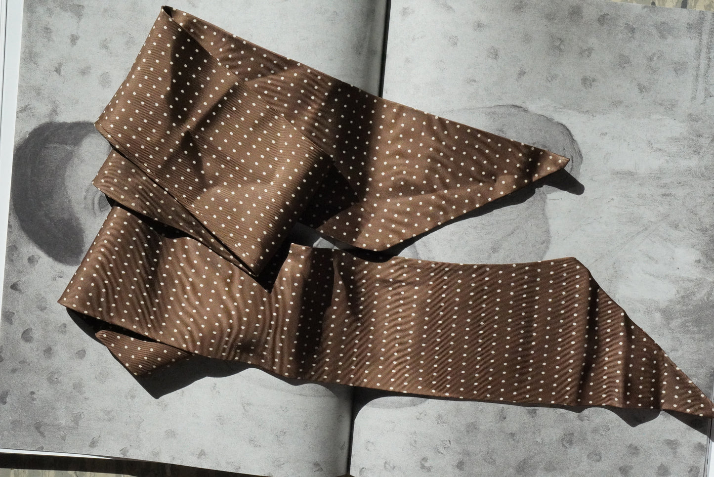 Vintage Brown Polka Dot Silk Scarf Neck Tie Ribbon Pussy Bow Hair Band Headband