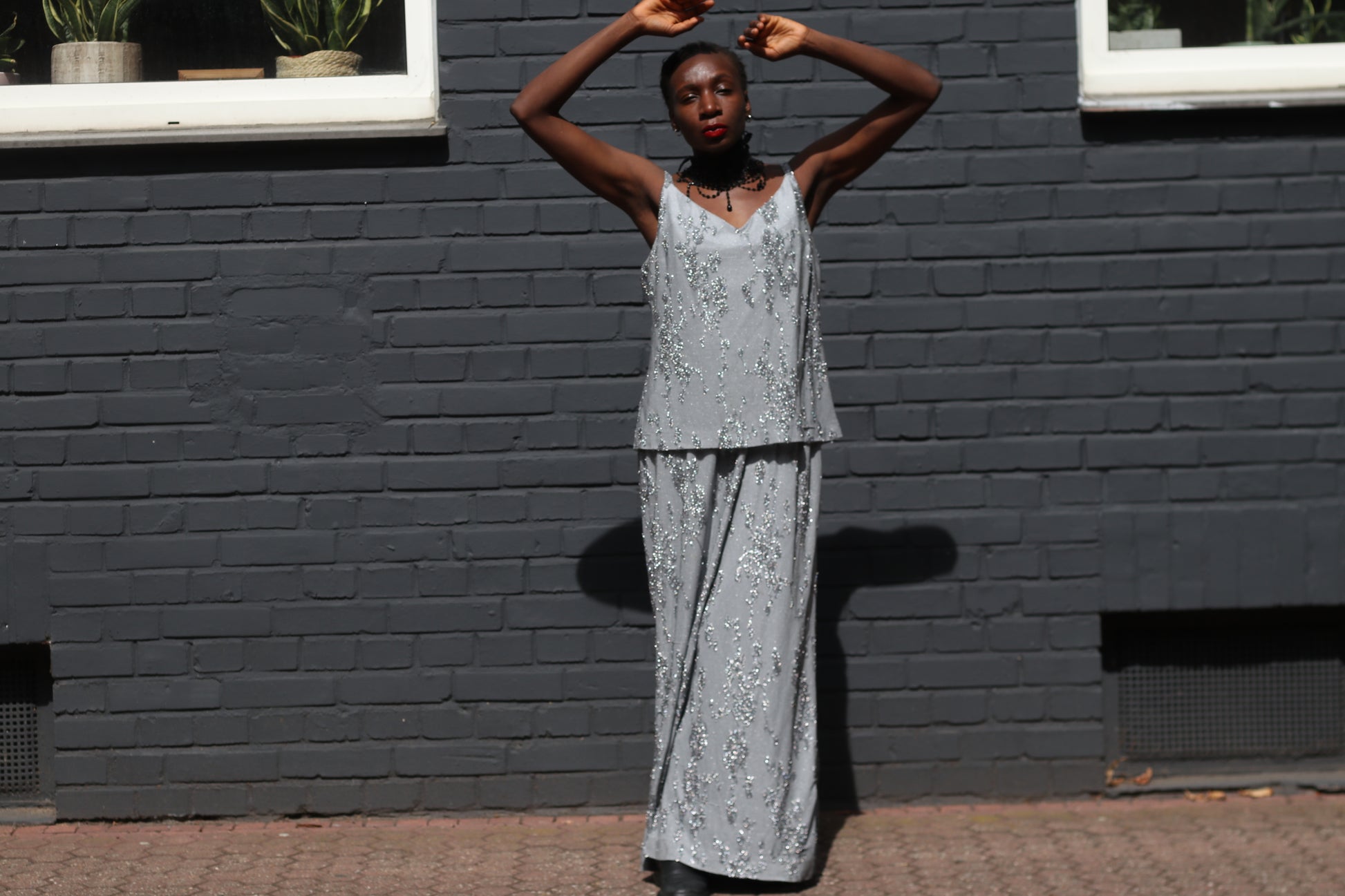 Vintage Silver Sequin Layered Dress - 90s Huey Waltzer En Francais Maxi