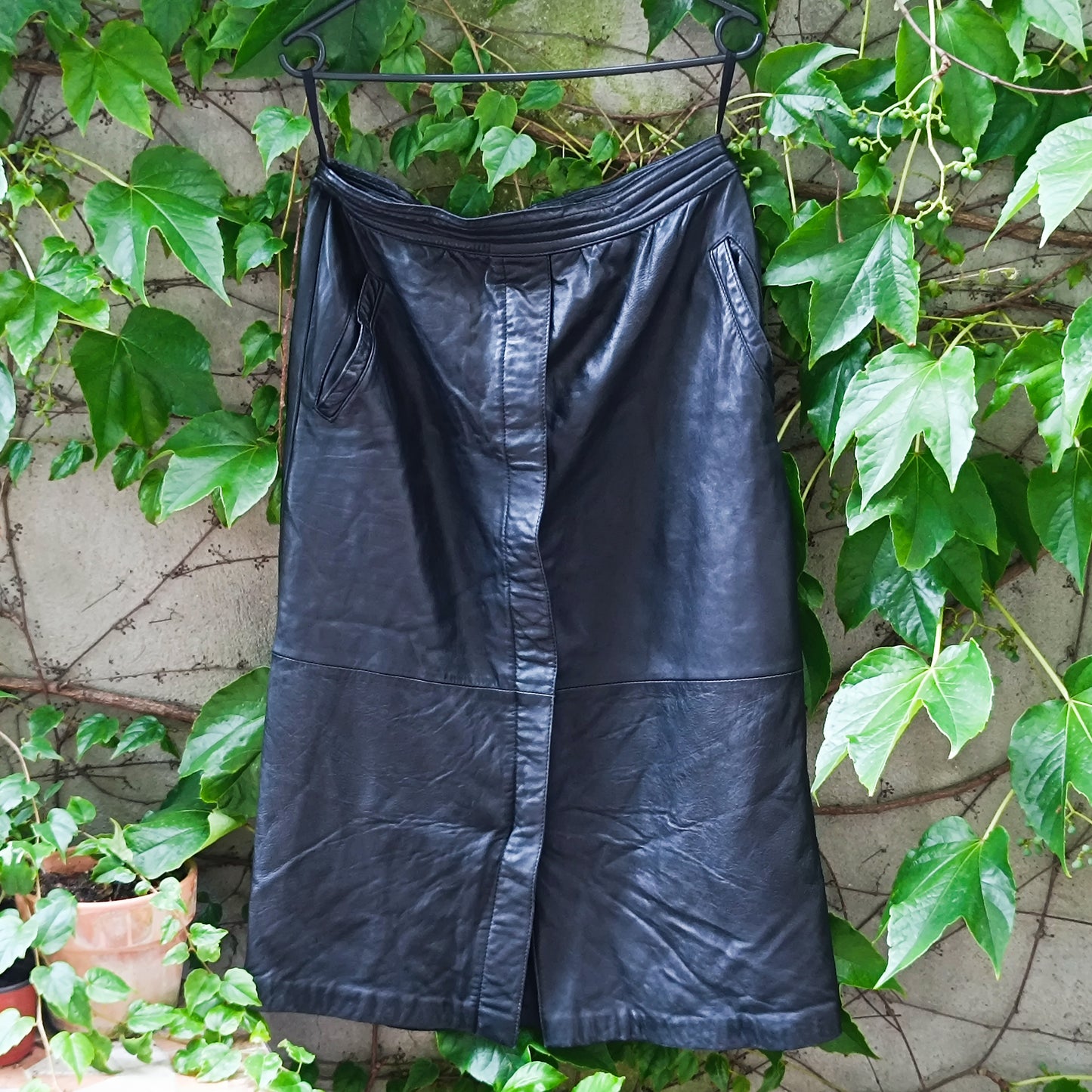Black Leather Midi Skirt - Vintage 80s High Waist Pencil Skirt | M