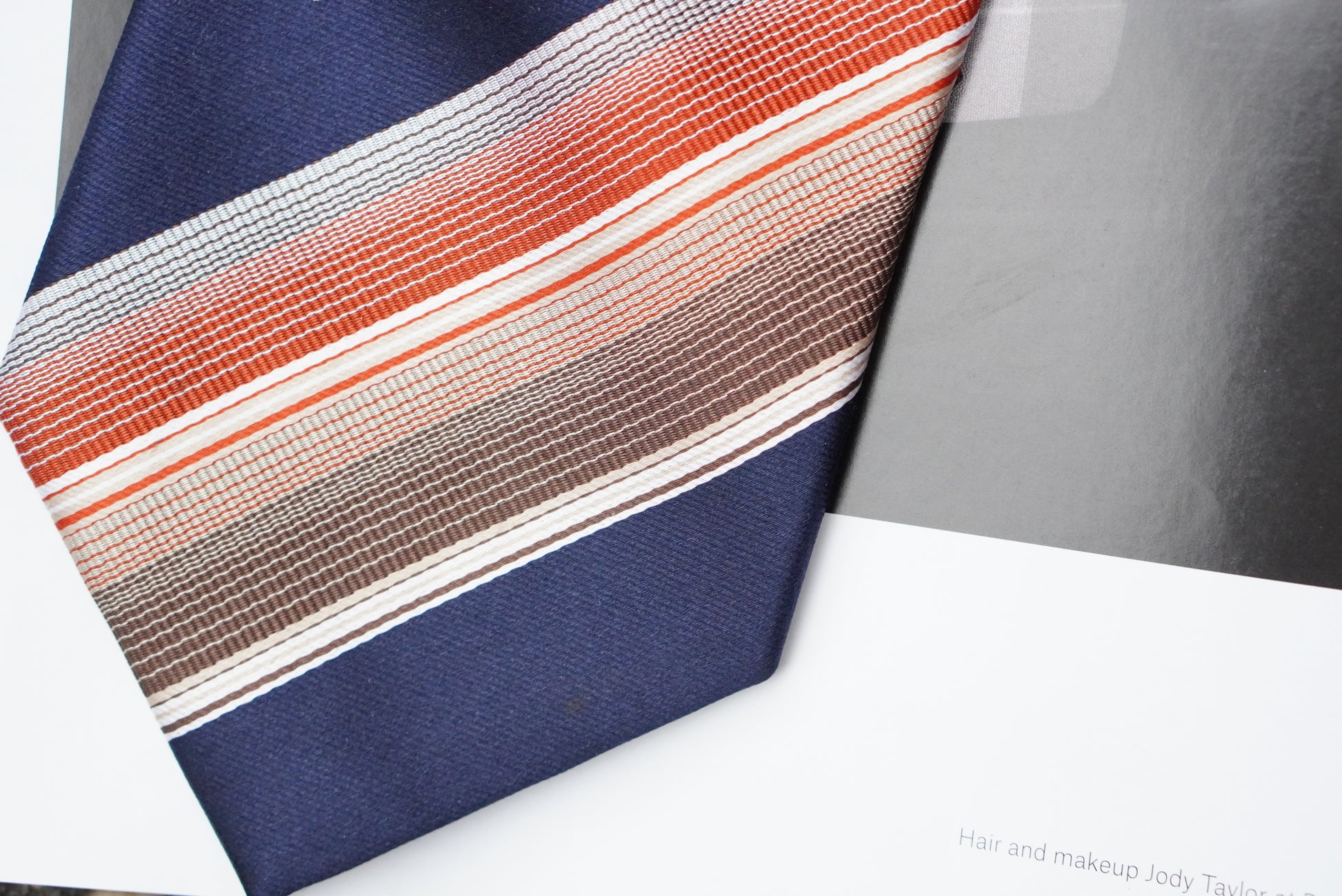 Vintage 1980s Silk Tie Navy Blue Orange Striped Necktie Retro Academic Preppy