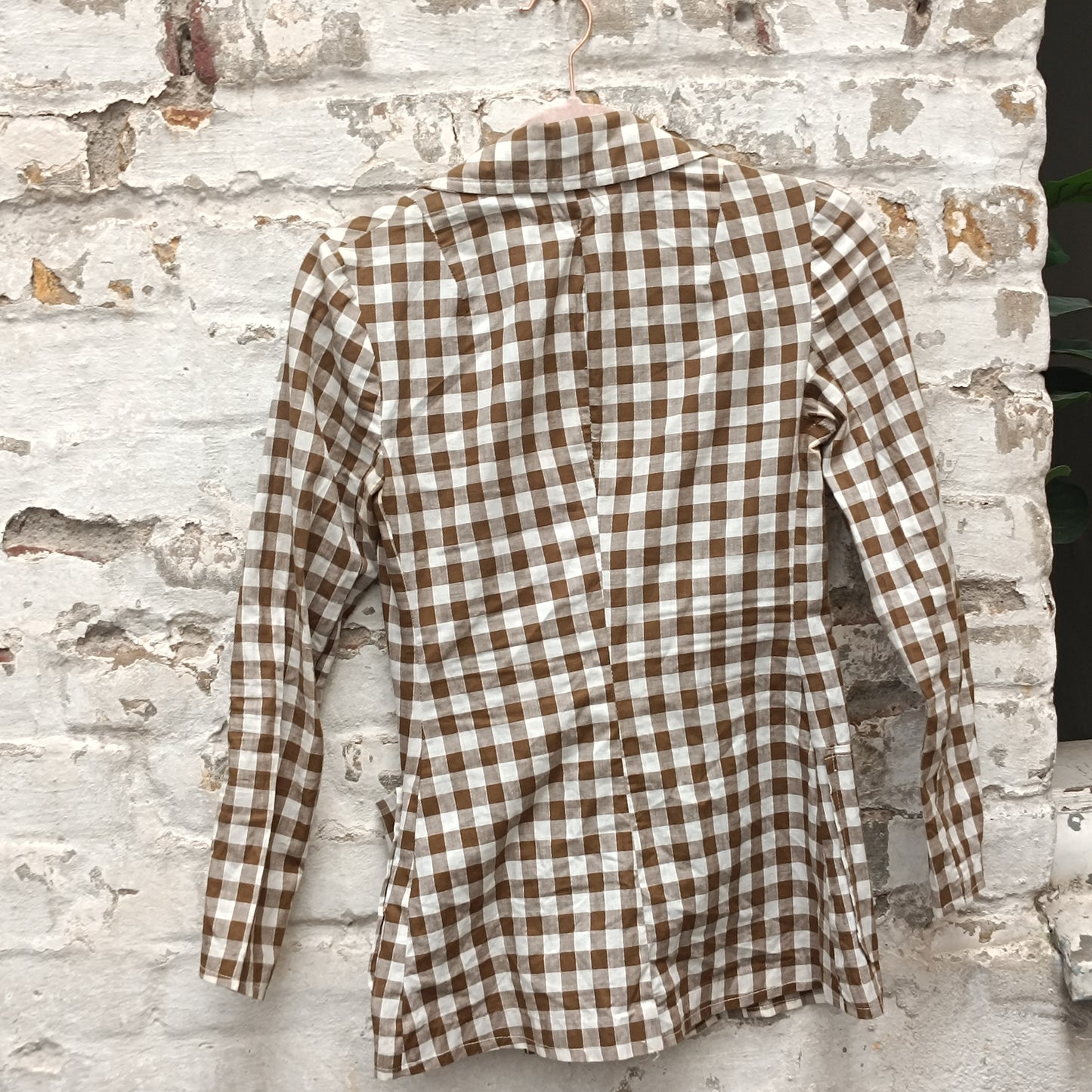 Gingham Blazer Jacket | Vintage French Brown White | Fits XS S