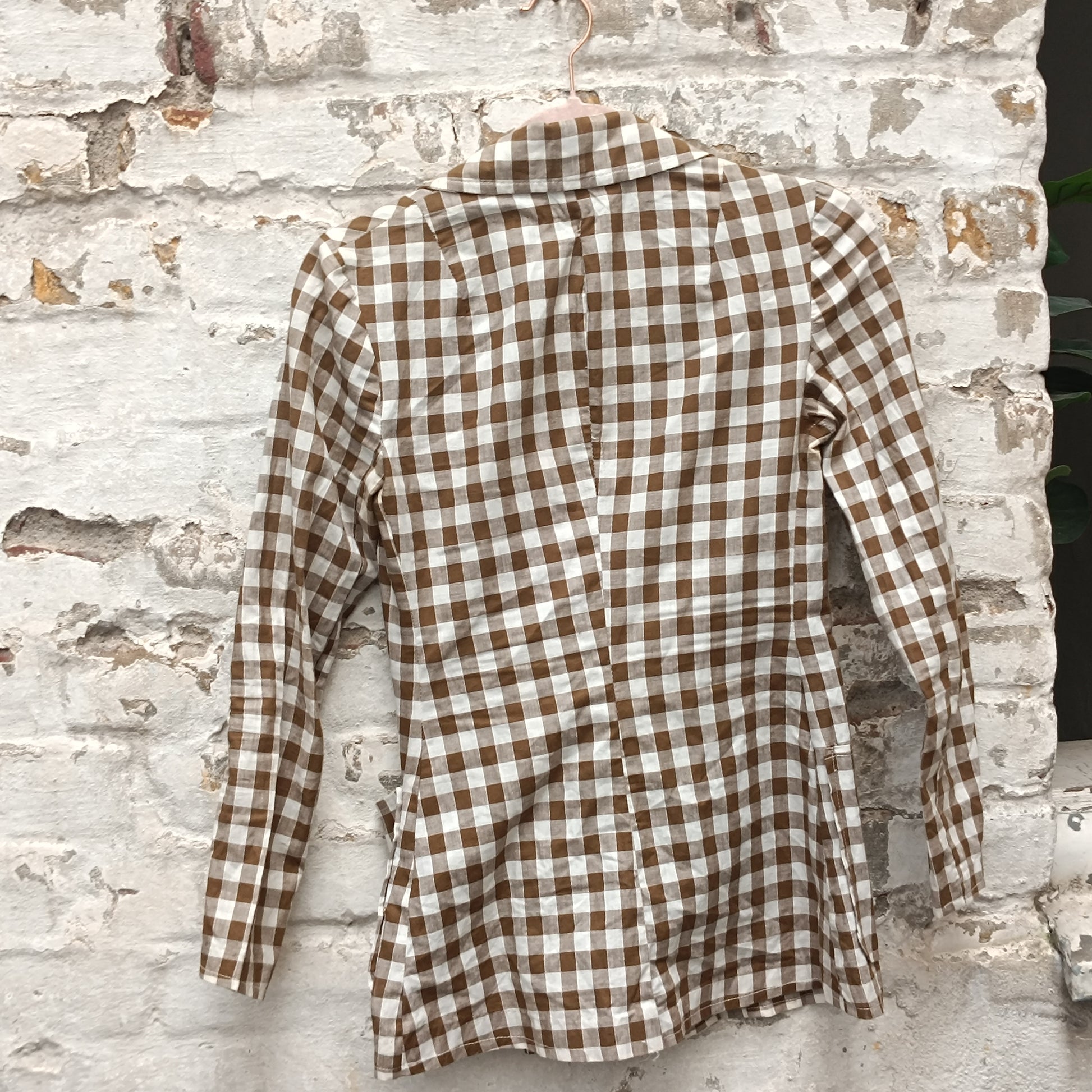 Gingham Blazer Jacket | Vintage French Brown White | Fits XS S