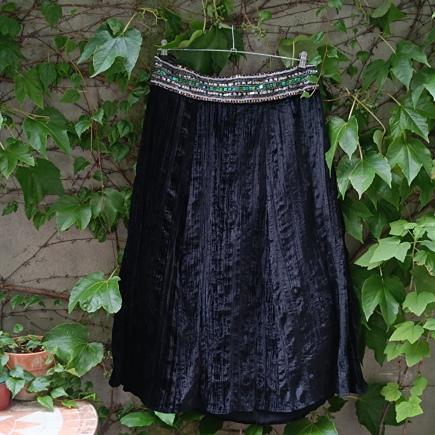 Vintage Velvet Midi Skirt | Y2K Black Crushed Velvet Beaded Skirt