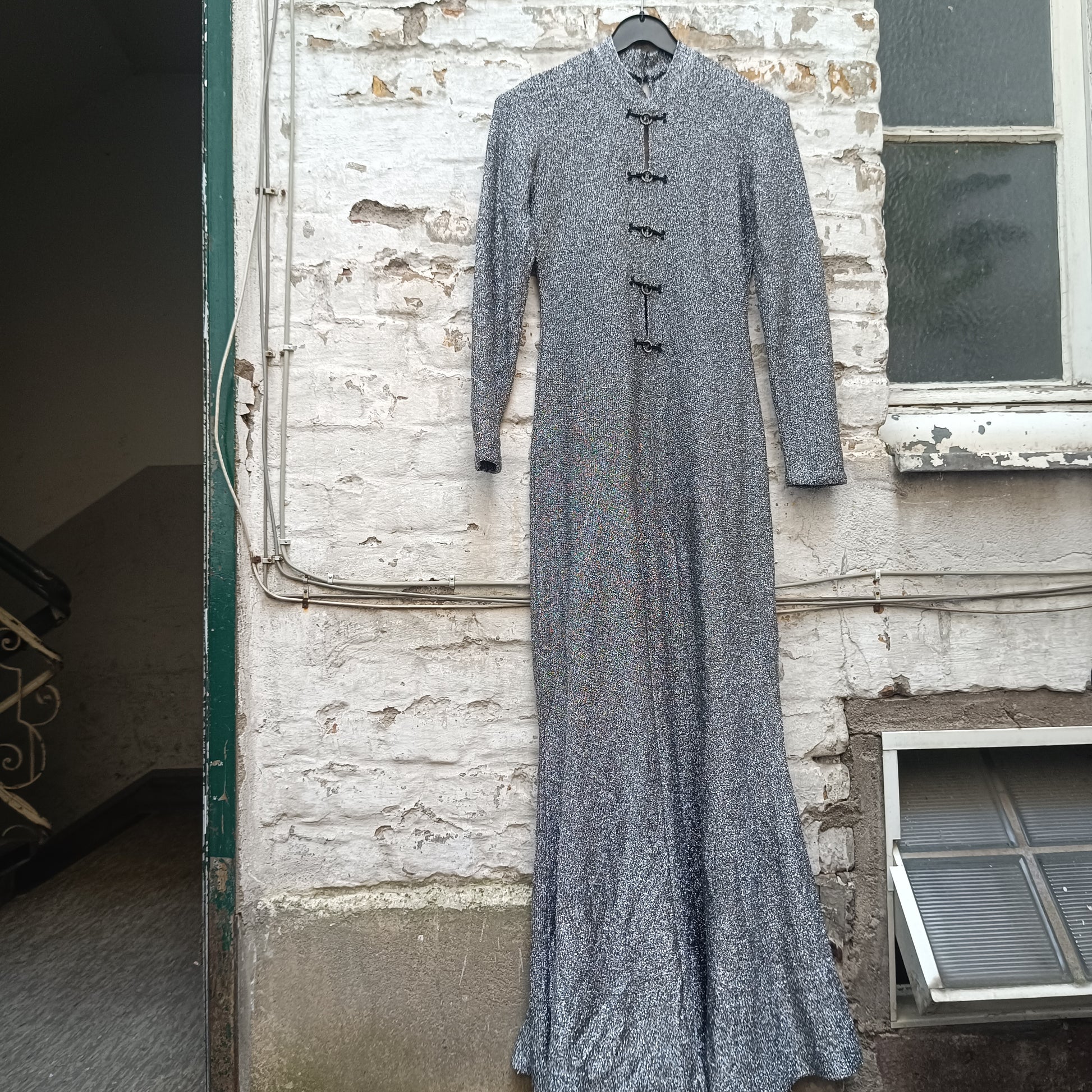 Silver Metallic Maxi Dress | Vintage 70s Lurex Evening Gown | S