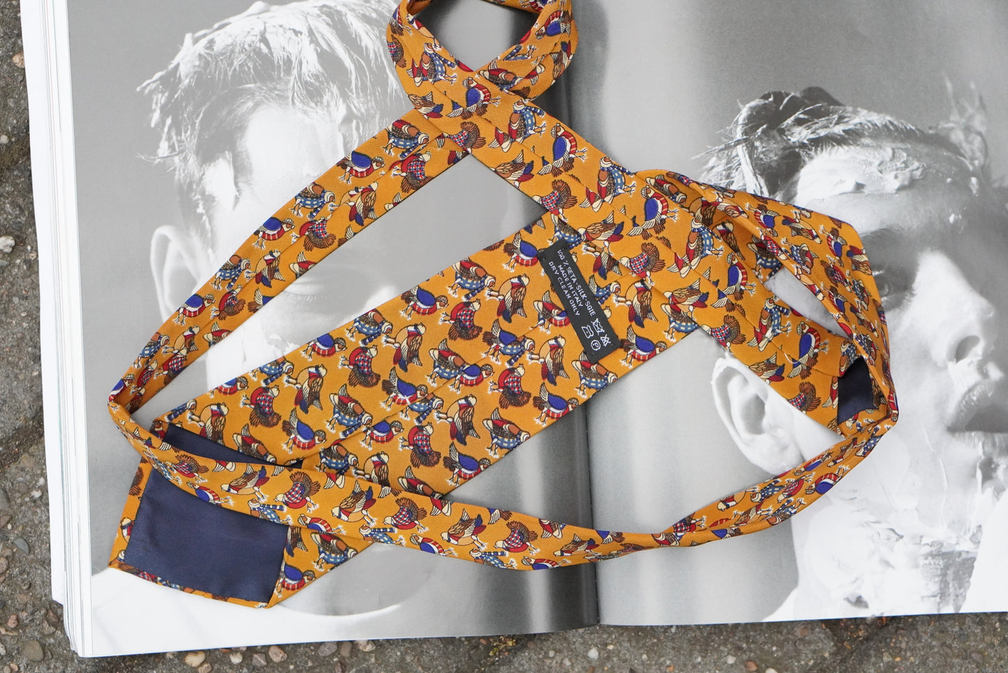 Vintage Mustard Yellow Silk Tie Italian Novelty Bird Print 1990s Mens Necktie