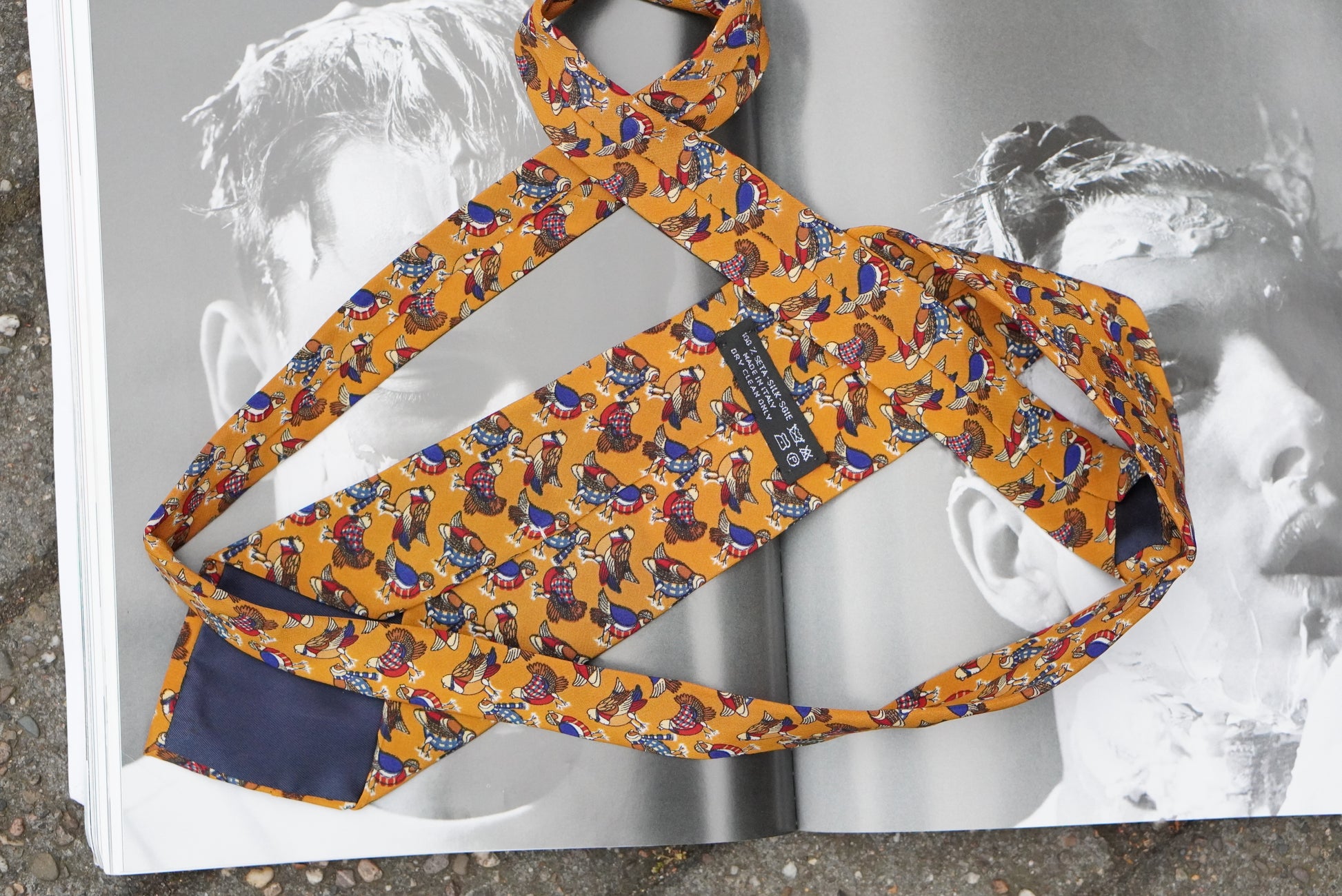 Vintage Mustard Yellow Silk Tie Italian Novelty Bird Print 1990s Mens Necktie