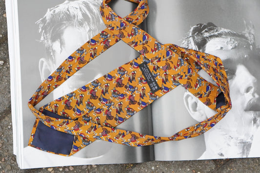 Vintage Mustard Yellow Silk Tie Italian Novelty Bird Print 1990s Mens Necktie