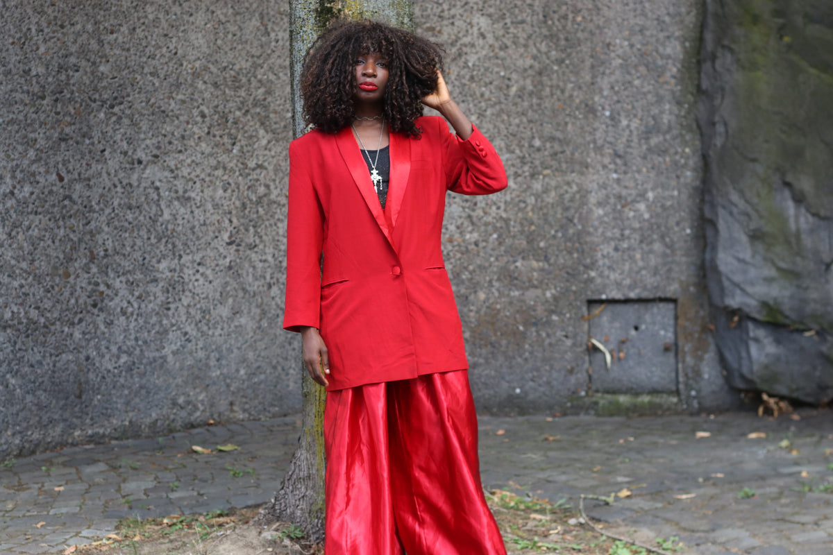 Vintage Red Tuxedo Blazer | 80s Satin Shawl Collar Evening Coat | M