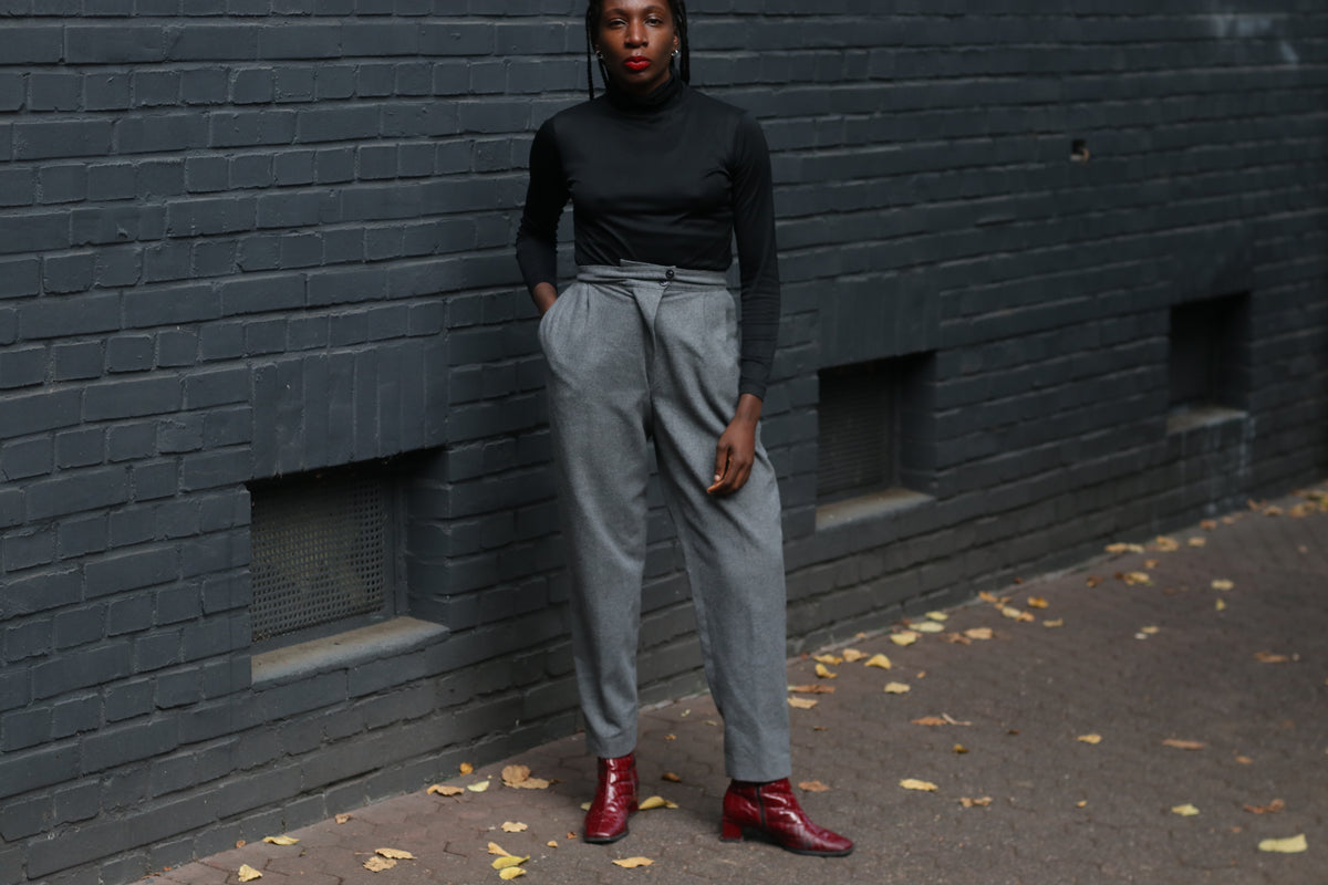 Vintage Grey Pleated Wool Trousers | High Waist Tapered Pants S