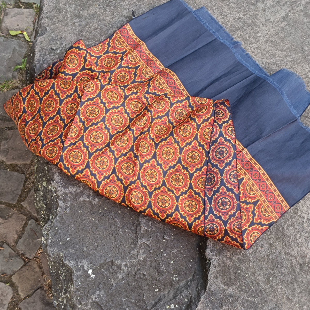 Vintage Silk Blend Scarf | Paisley Tile Wool Scarf | Navy Orange