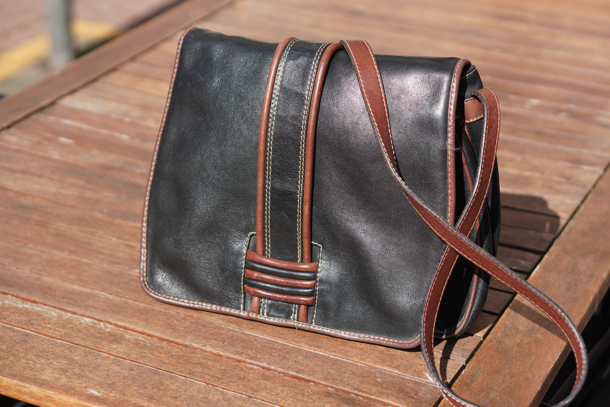 Leather Crossbody Bag - Vintage 80s BIASIA Black Brown - Medium