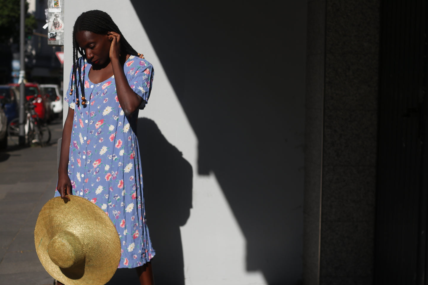 Vintage 1990s Floral Midi Dress - Blue 90s Grunge Button Front Sundress