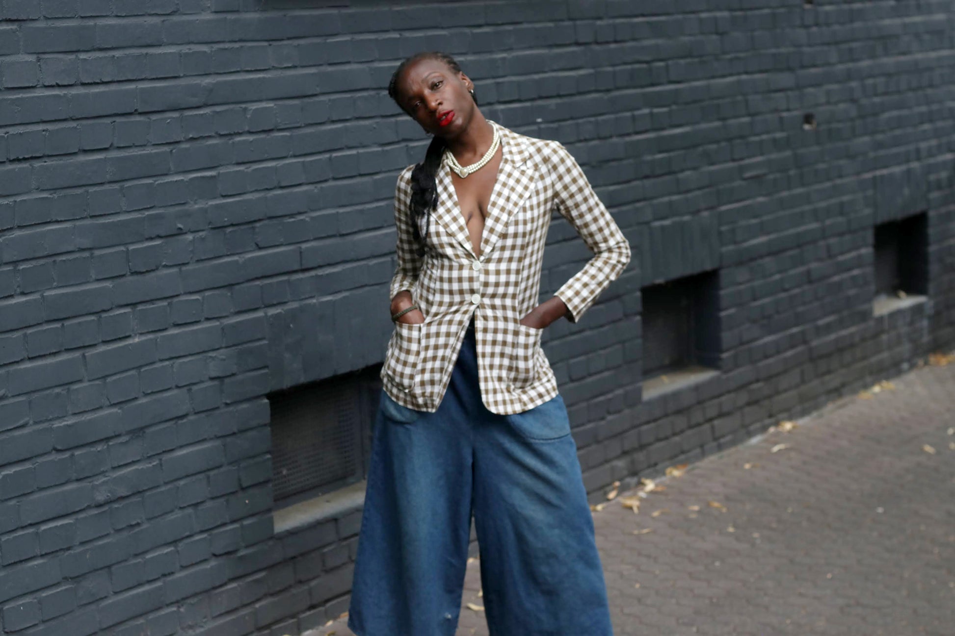 Gingham Blazer Jacket | Vintage French Brown White | Fits XS S