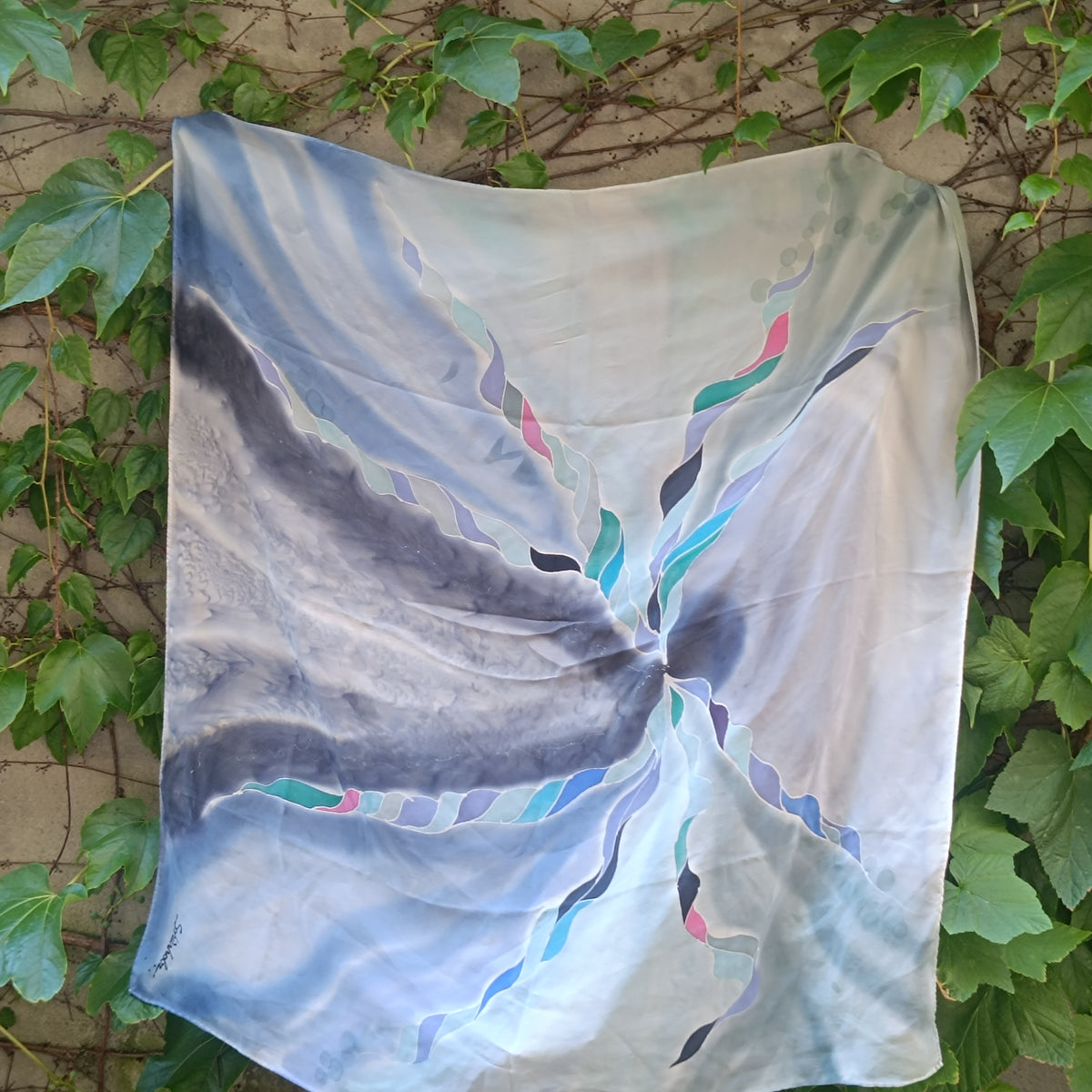 Silk Scarf - Vintage 80s 90s Art Silk - Blue Abstract Square Scarf | One Size